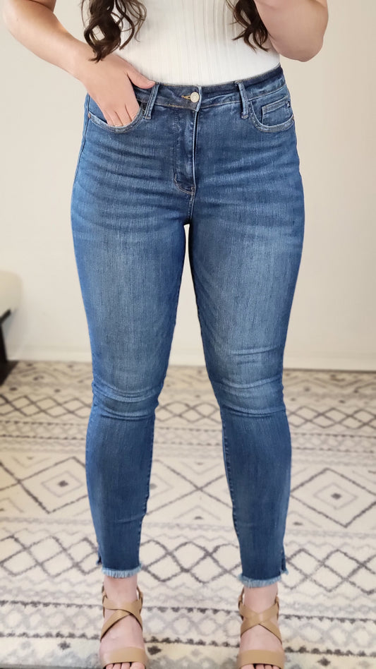 Judy Blue Tummy Control Medium Wash High Rise Side Slit Fray Hem Skinny  "June" (13)