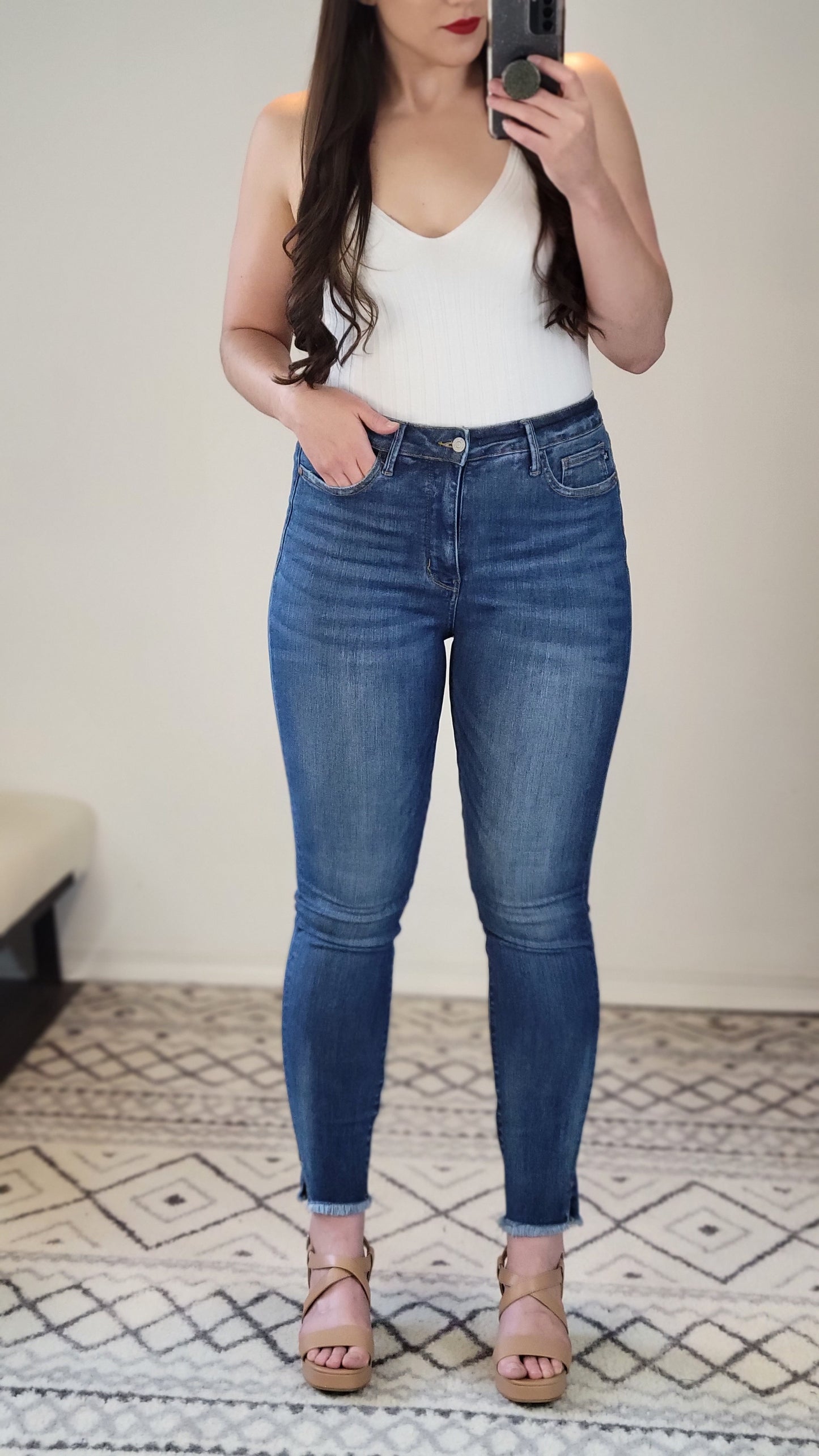 Judy Blue Tummy Control Medium Wash High Rise Side Slit Fray Hem Skinny  "June" (13)