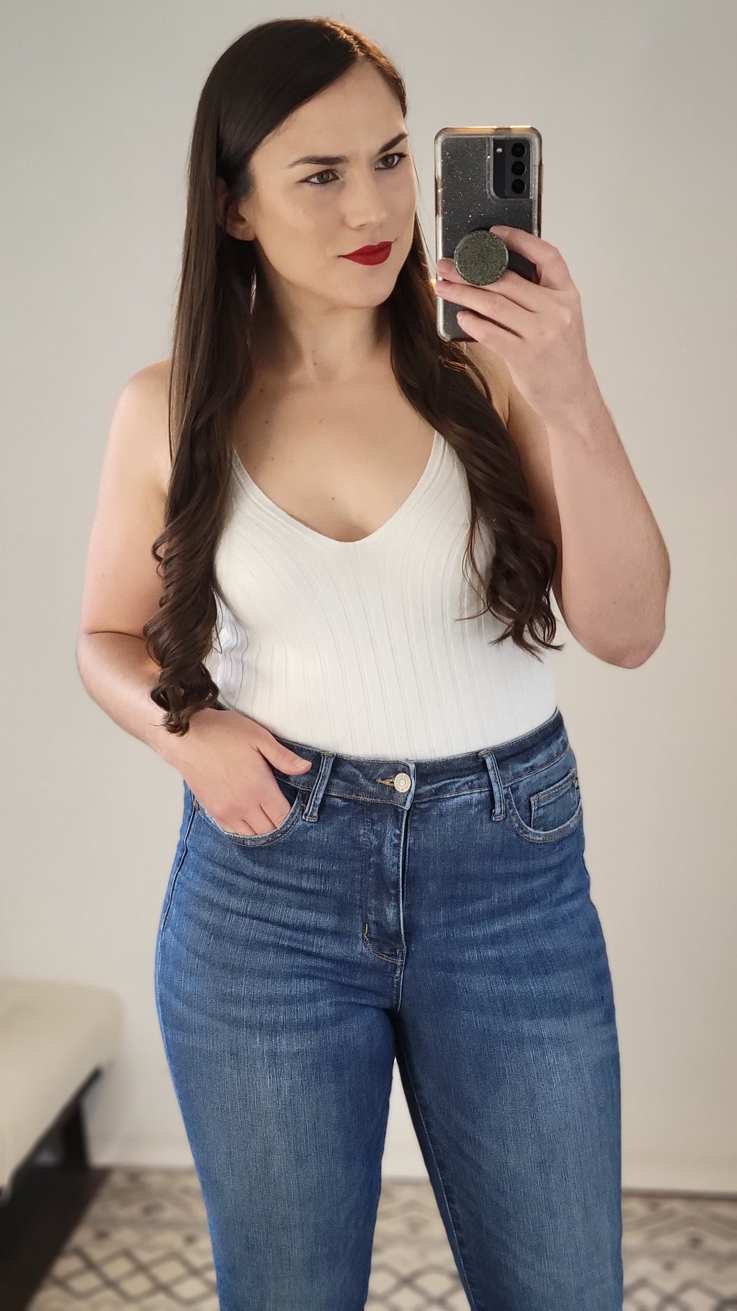 Judy Blue Tummy Control Medium Wash High Rise Side Slit Fray Hem Skinny  "June" (13)