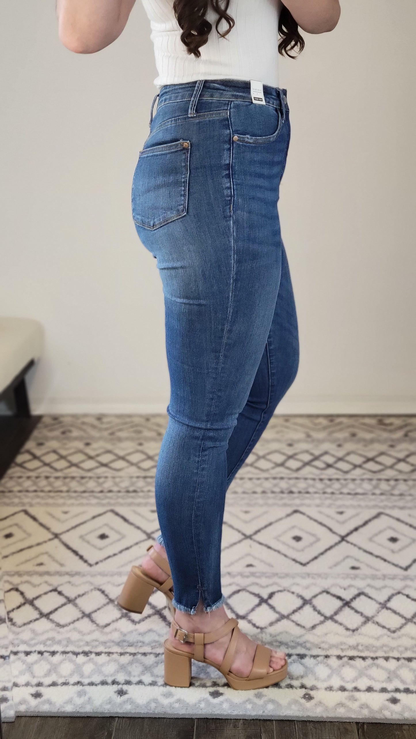Judy Blue Tummy Control Medium Wash High Rise Side Slit Fray Hem Skinny  "June" (13)