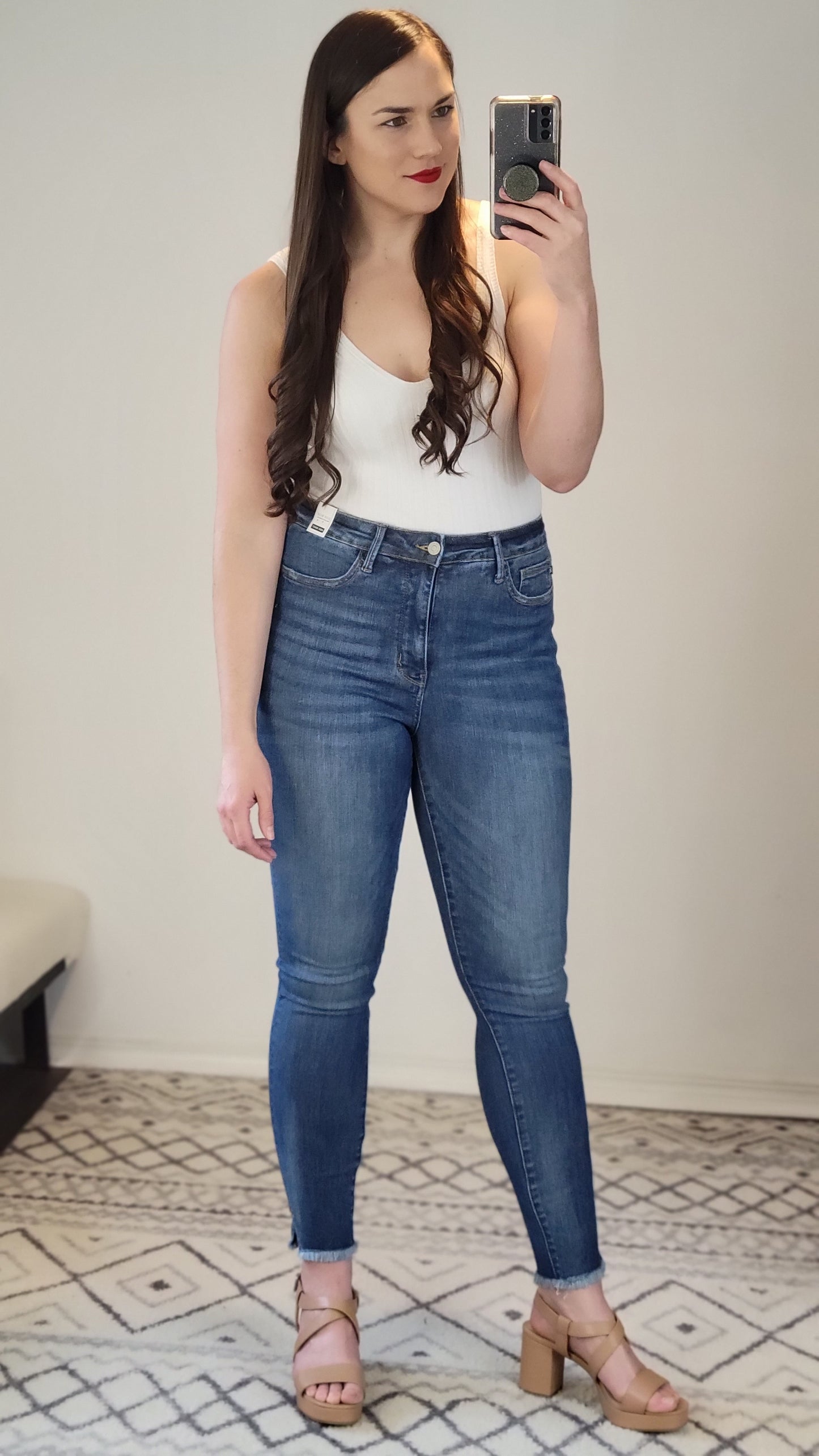 Judy Blue Tummy Control Medium Wash High Rise Side Slit Fray Hem Skinny  "June" (13)