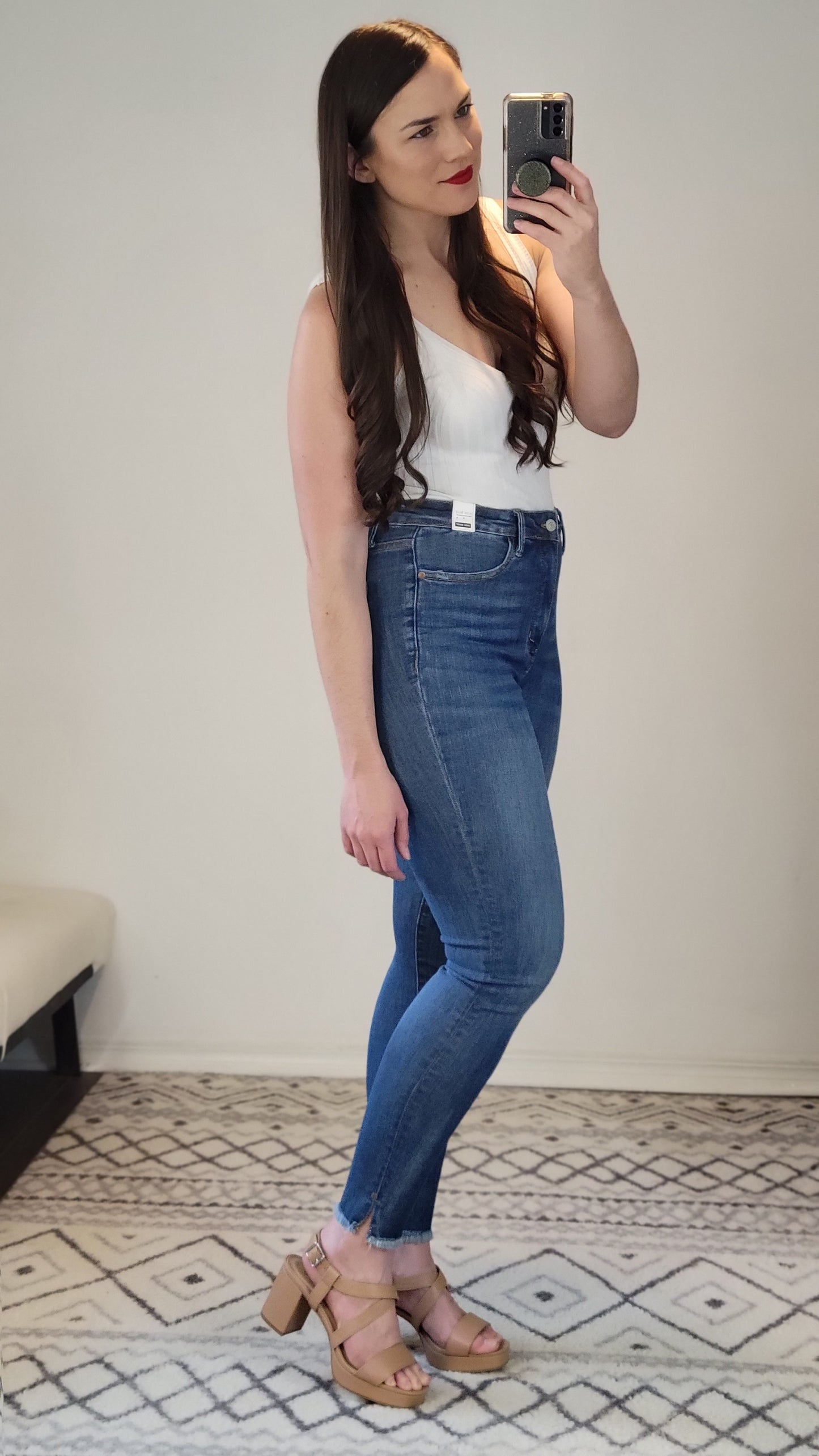 Judy Blue Tummy Control Medium Wash High Rise Side Slit Fray Hem Skinny  "June" (13)