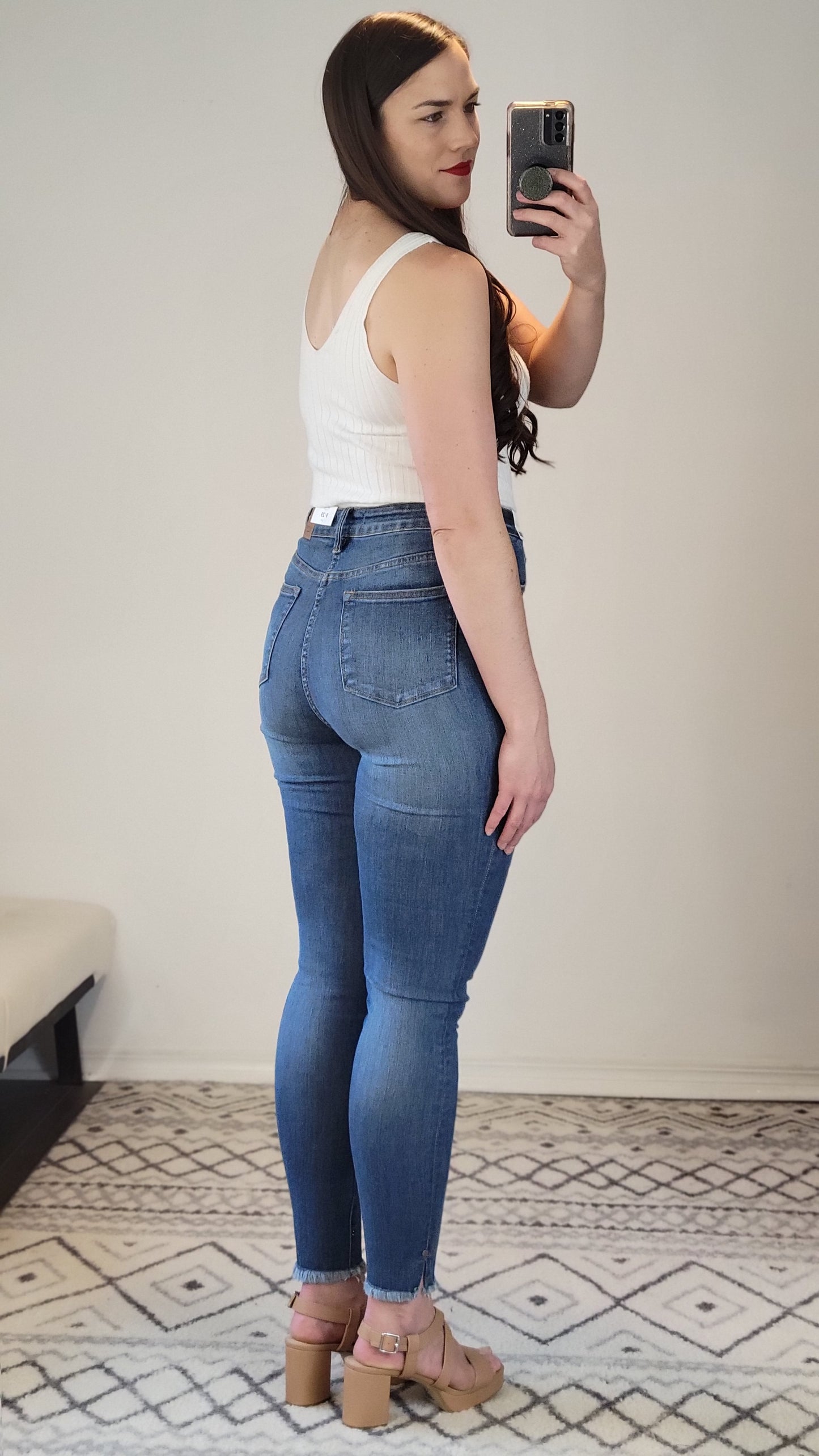 Judy Blue Tummy Control Medium Wash High Rise Side Slit Fray Hem Skinny  "June" (13)