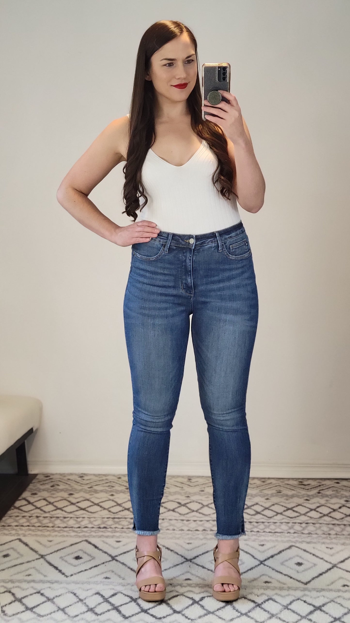 Judy Blue Tummy Control Medium Wash High Rise Side Slit Fray Hem Skinny  "June" (13)