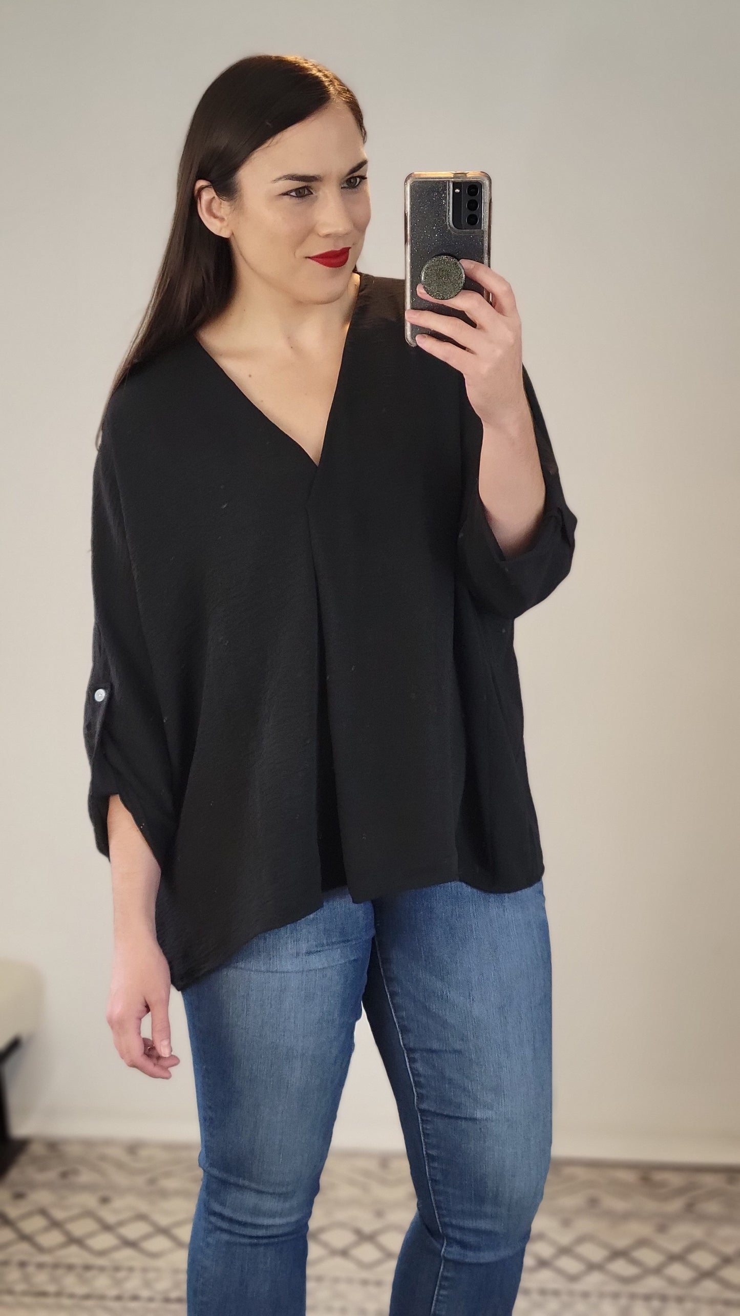 Black V-Neck Button Detail Airflow Top "Eden"