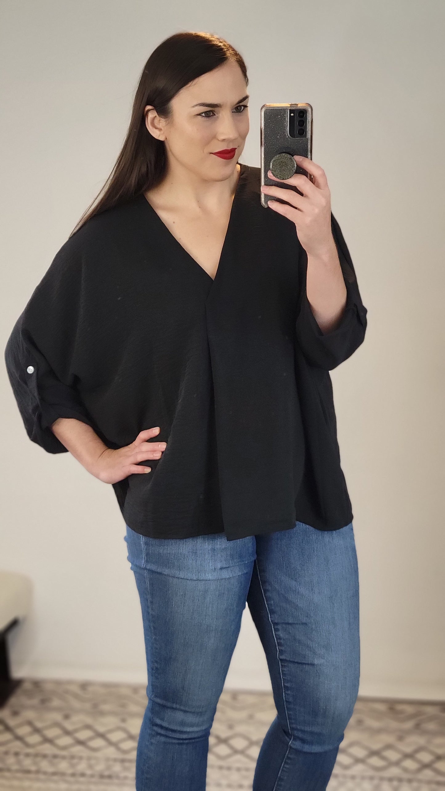 Black V-Neck Button Detail Airflow Top "Eden"