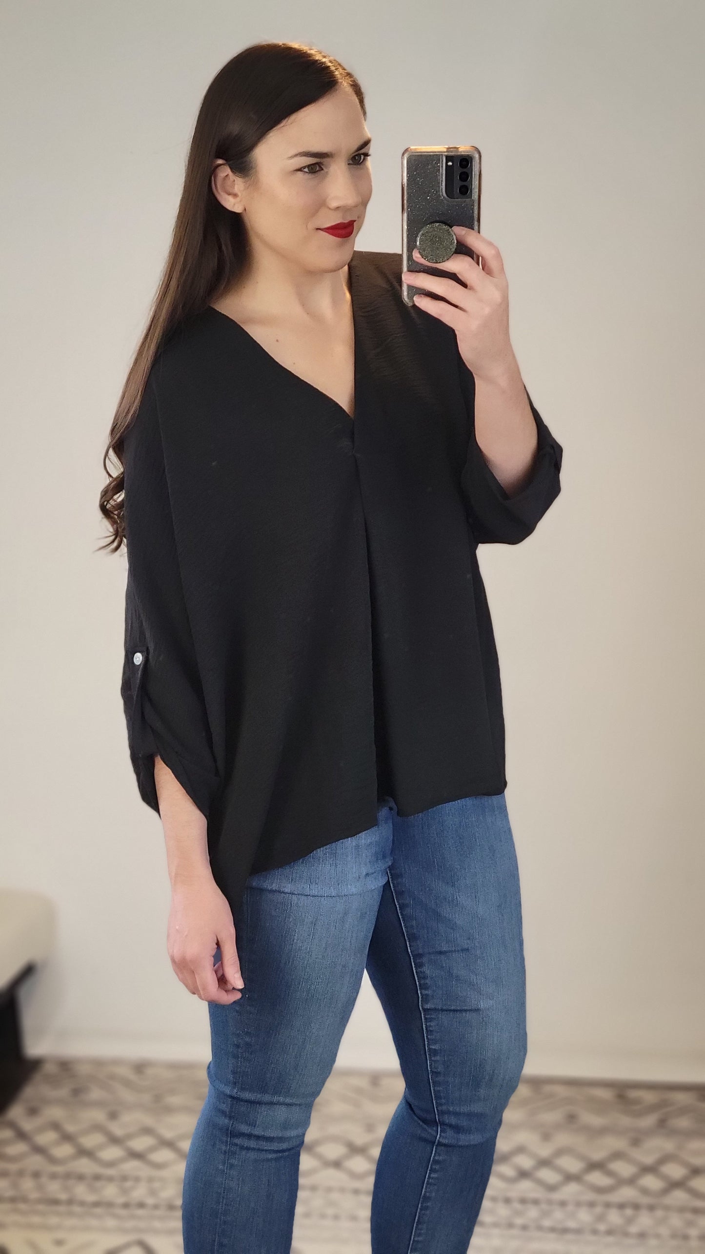 Black V-Neck Button Detail Airflow Top "Eden"
