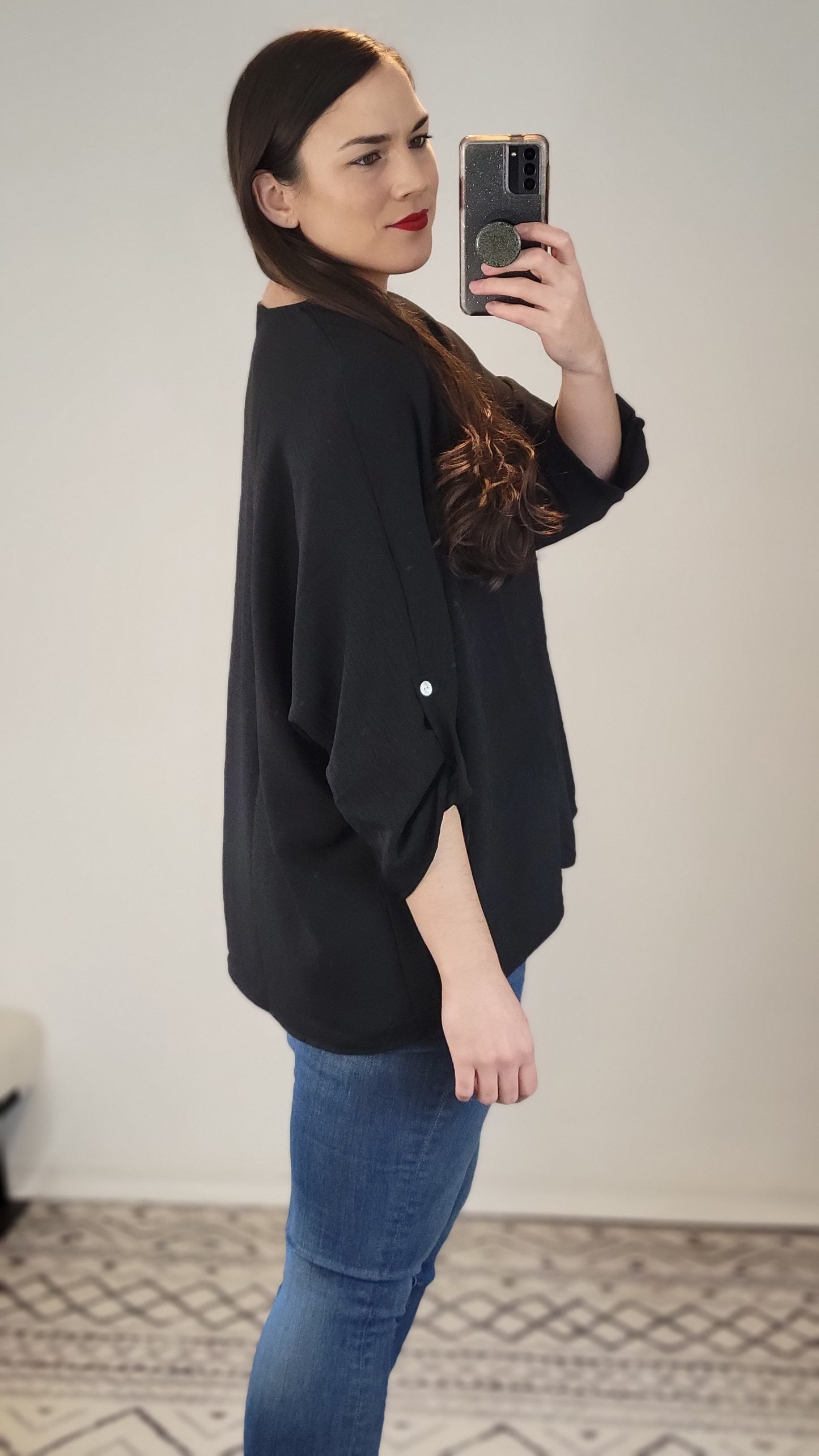 Black V-Neck Button Detail Airflow Top "Eden"