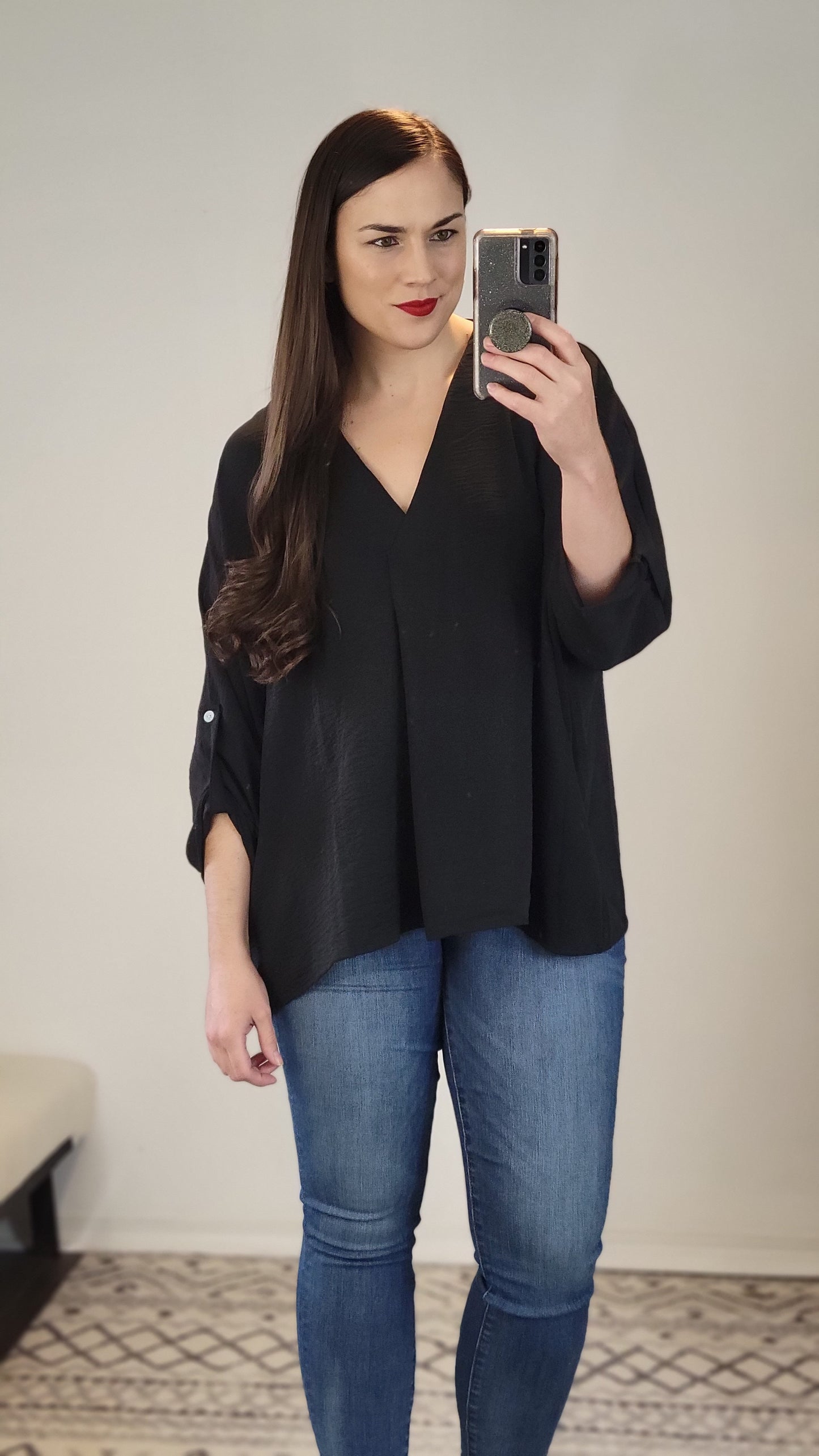 Black V-Neck Button Detail Airflow Top "Eden"