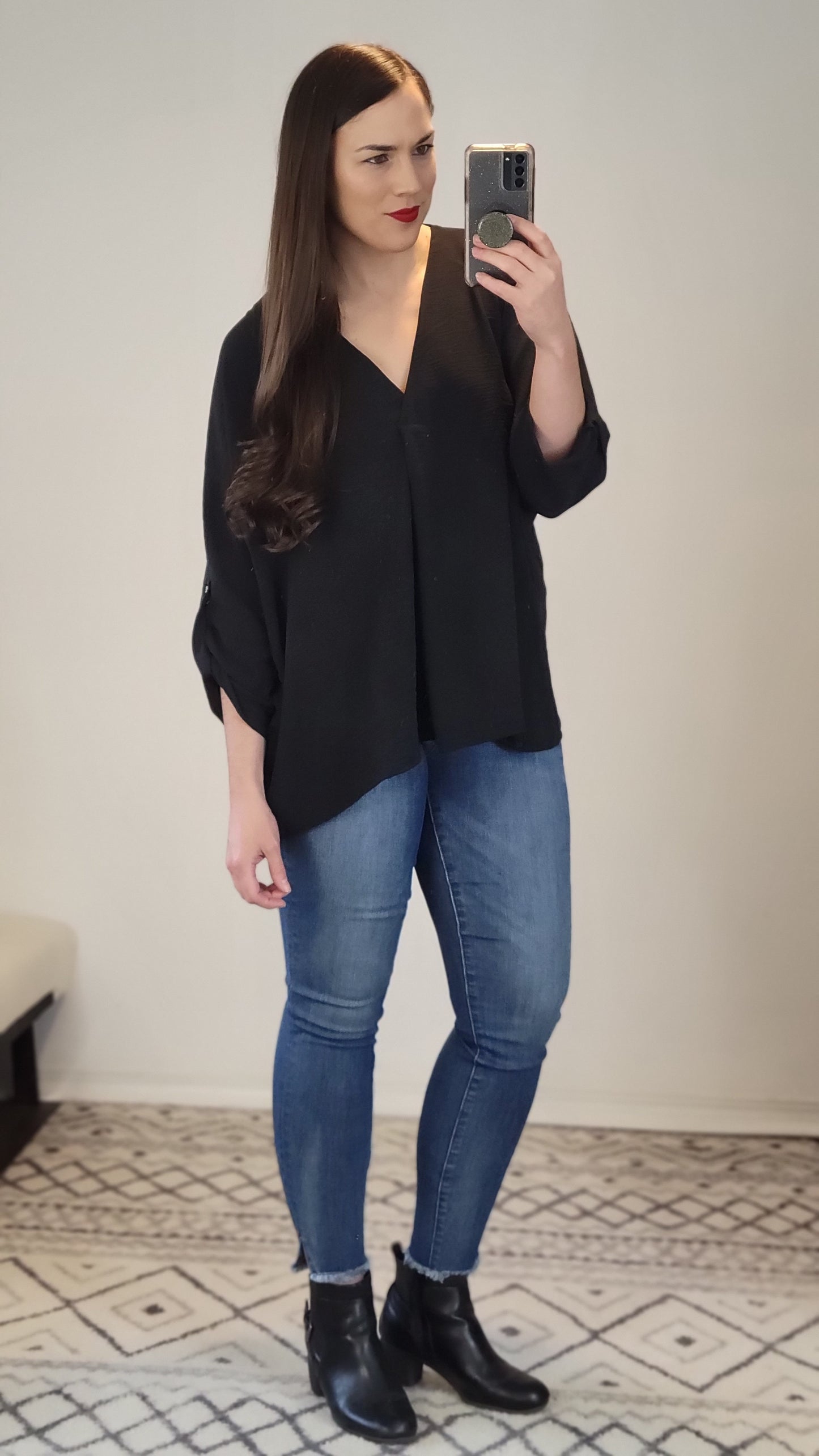 Black V-Neck Button Detail Airflow Top "Eden"