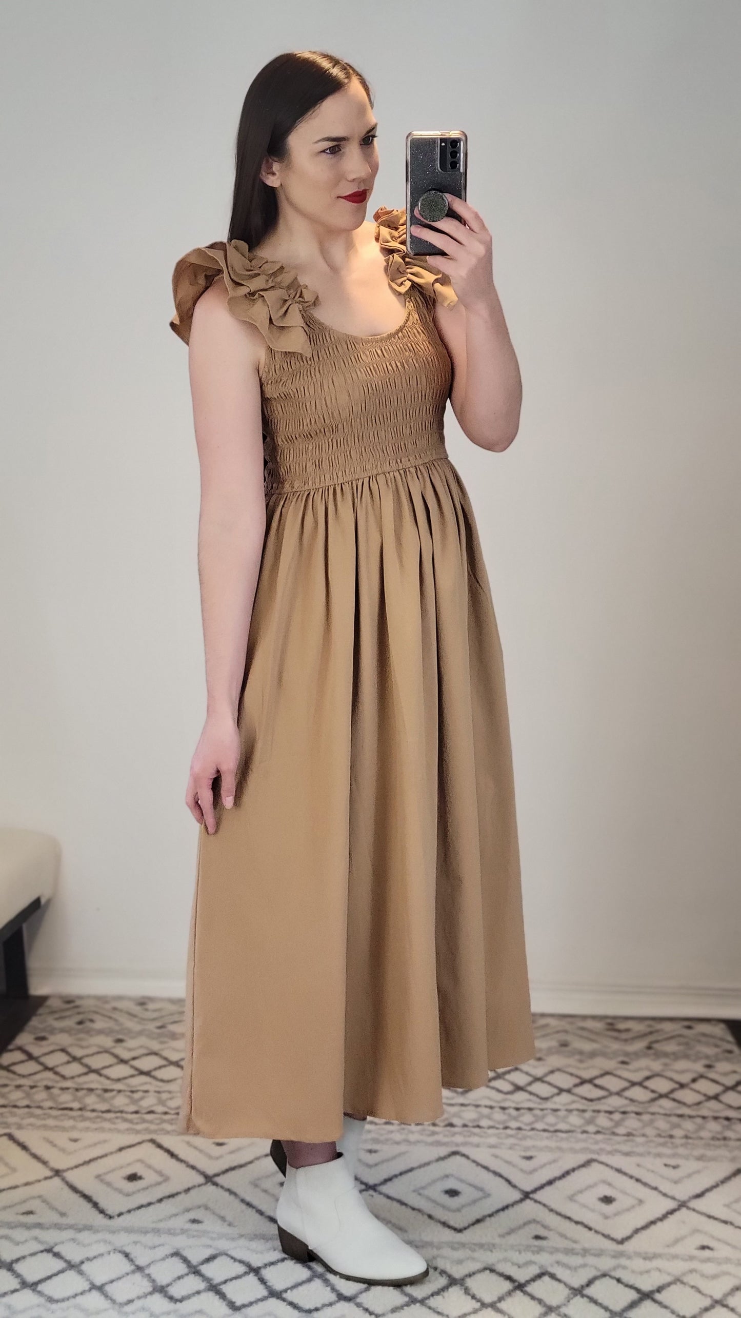 Camel Smocked Midi Dress with Pockets "Naomi"