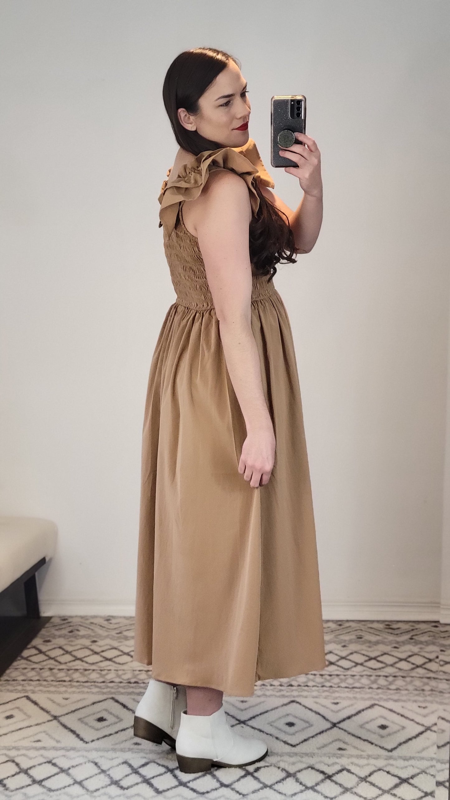 Camel Smocked Midi Dress with Pockets "Naomi"