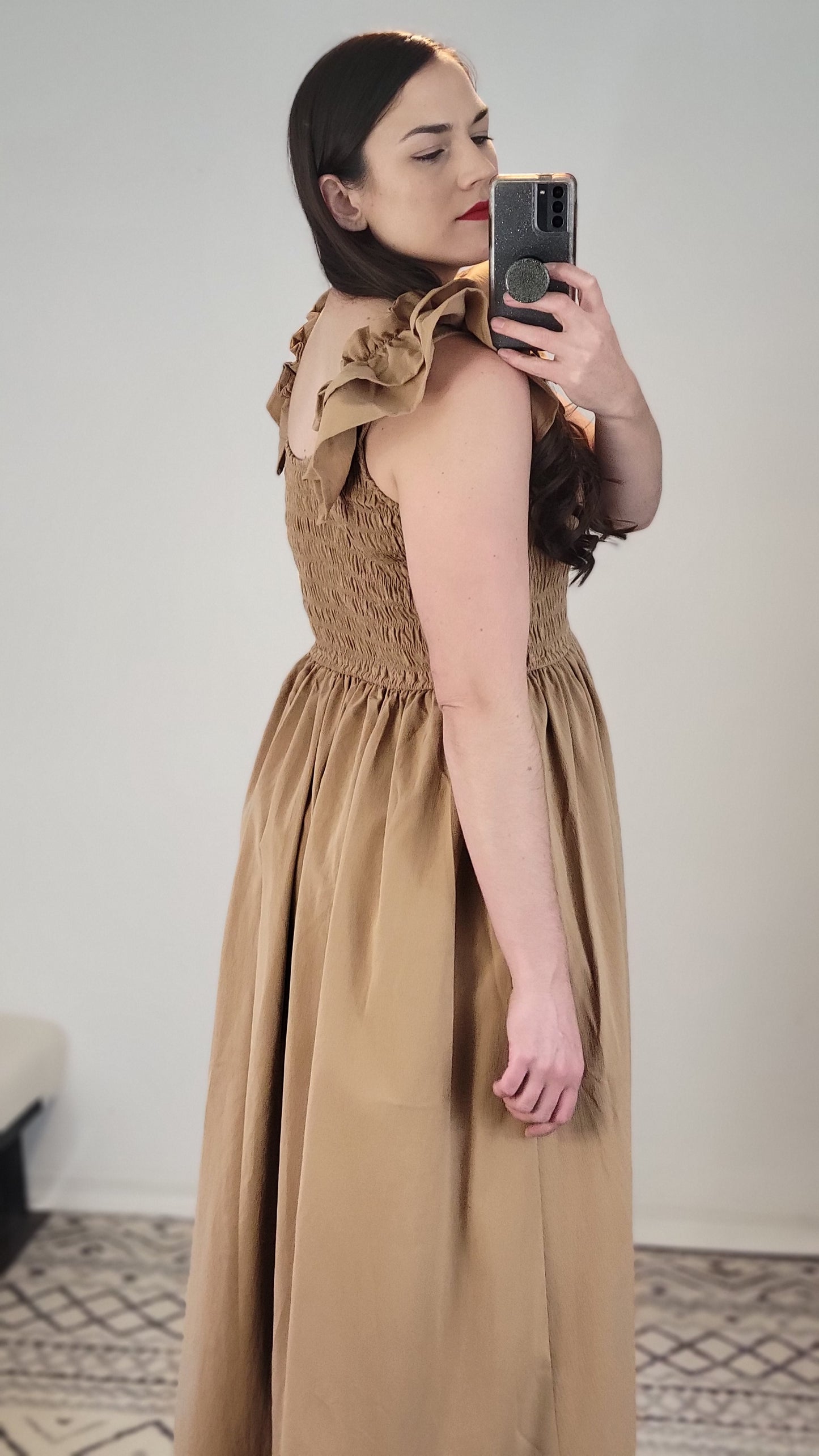 Camel Smocked Midi Dress with Pockets "Naomi"