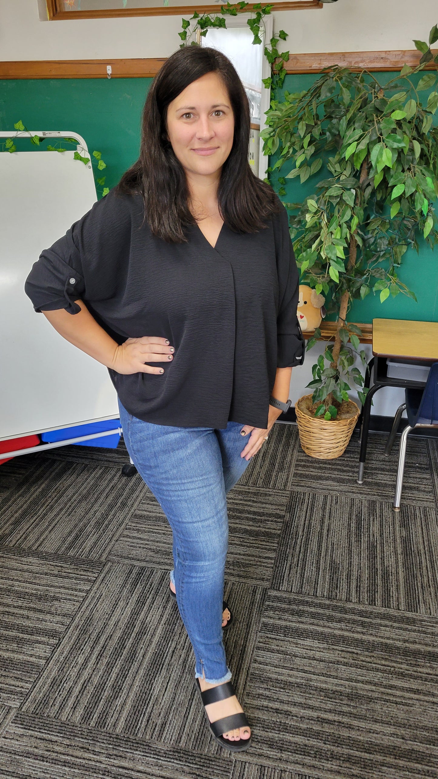 Black V-Neck Button Detail Airflow Top "Eden"