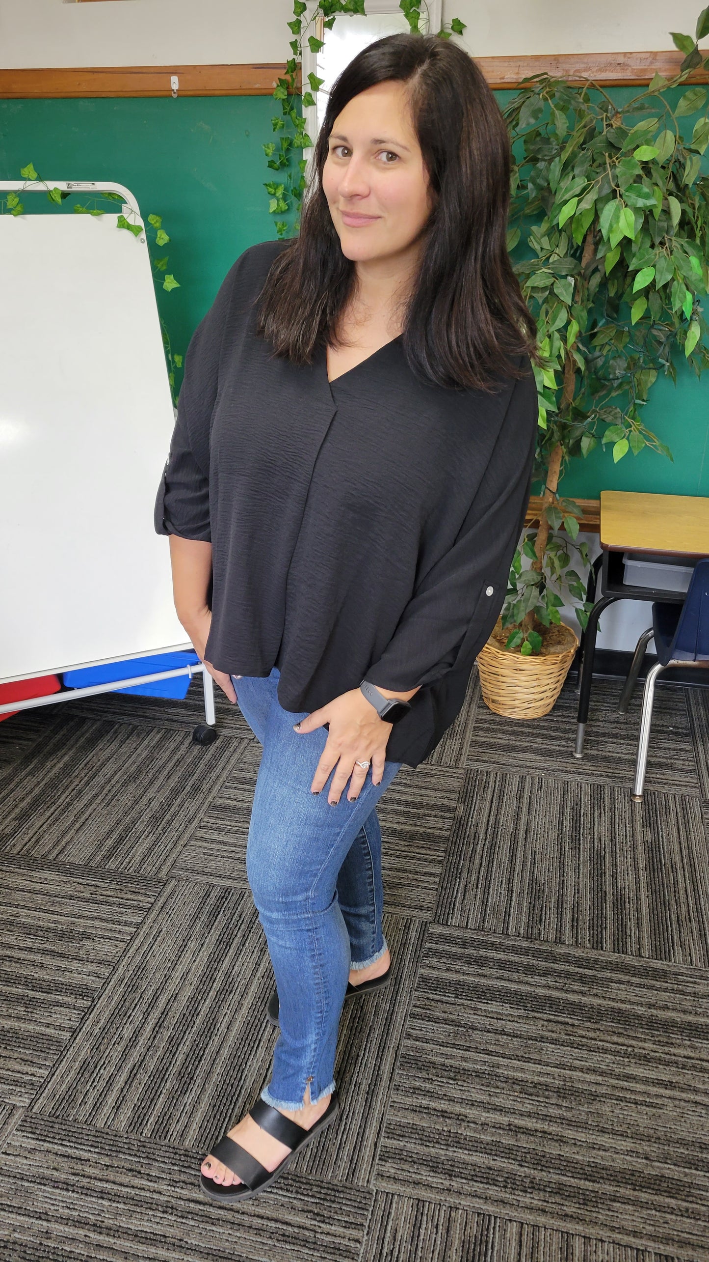 Black V-Neck Button Detail Airflow Top "Eden"