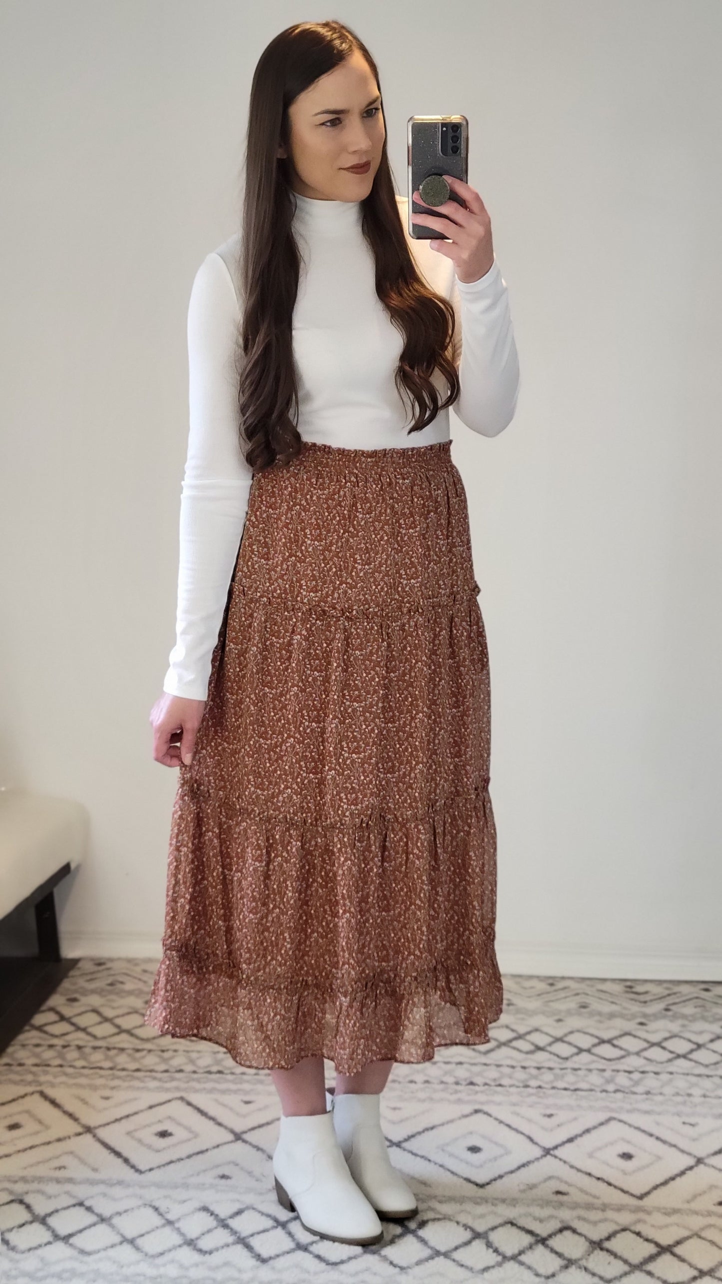 Rust Floral Chenille Layered Long Skirt with Pockets "Rhonda"