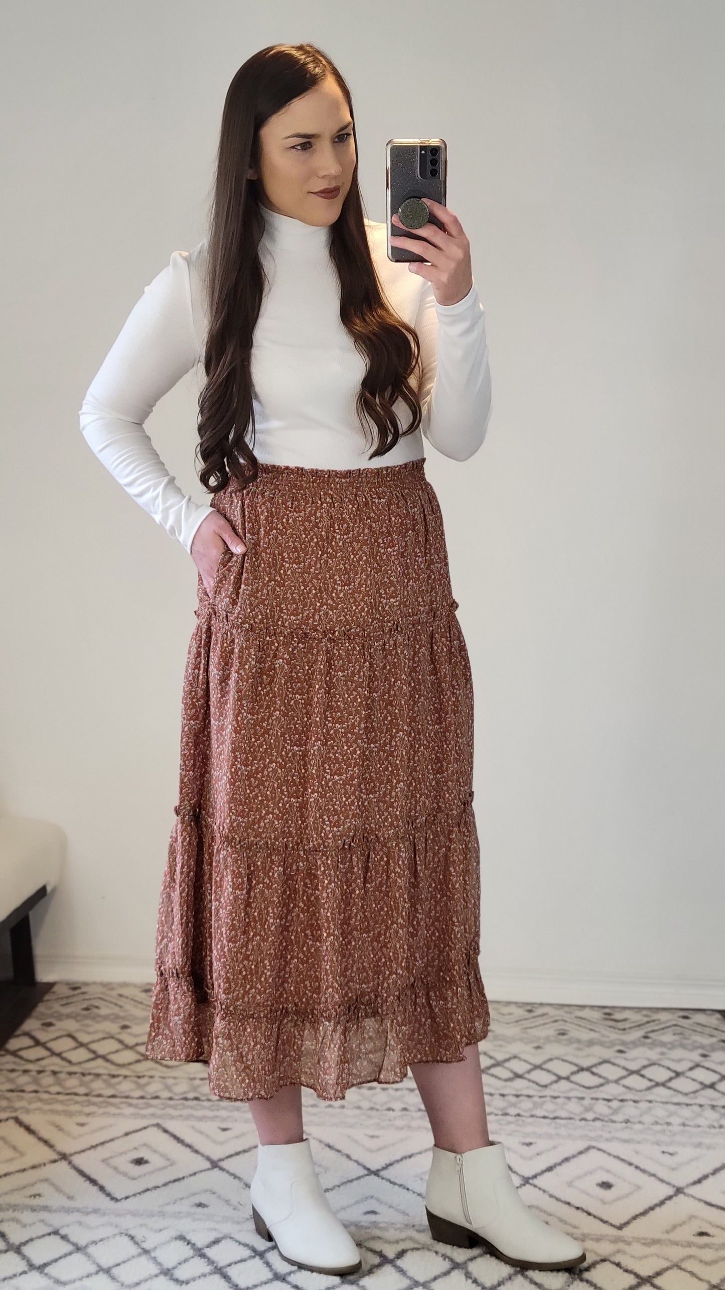 Rust Floral Chenille Layered Long Skirt with Pockets "Rhonda"