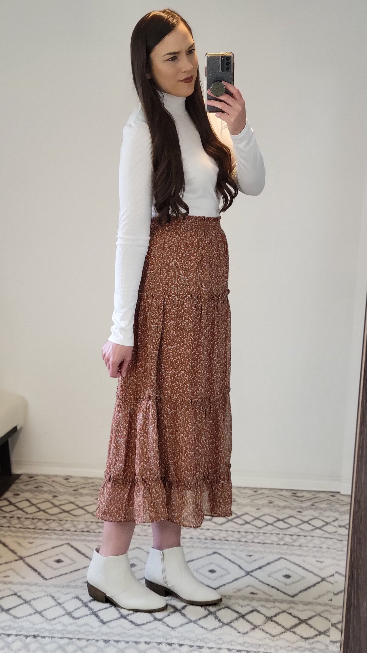Rust Floral Chenille Layered Long Skirt with Pockets "Rhonda"