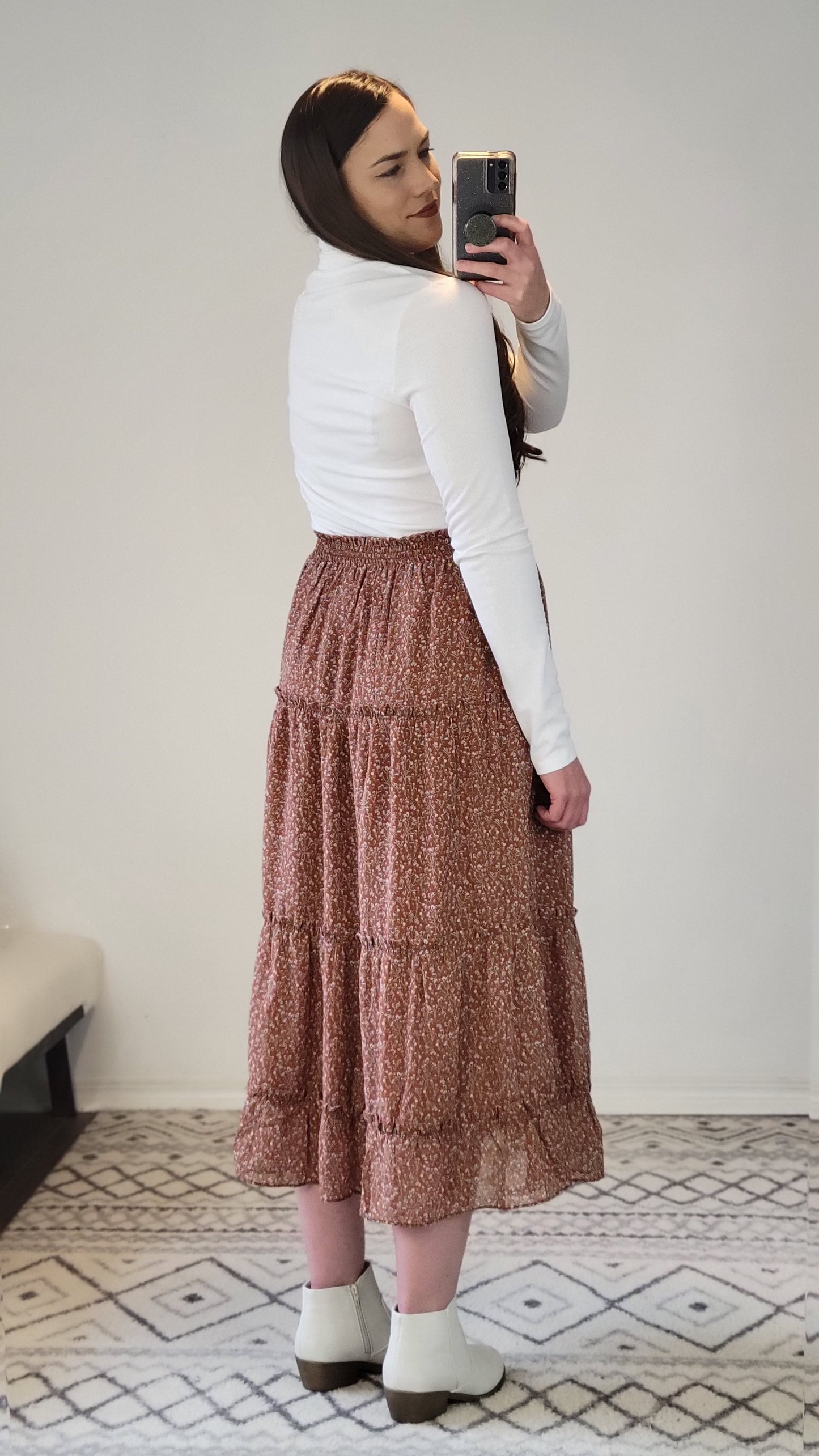 Rust Floral Chenille Layered Long Skirt with Pockets "Rhonda"