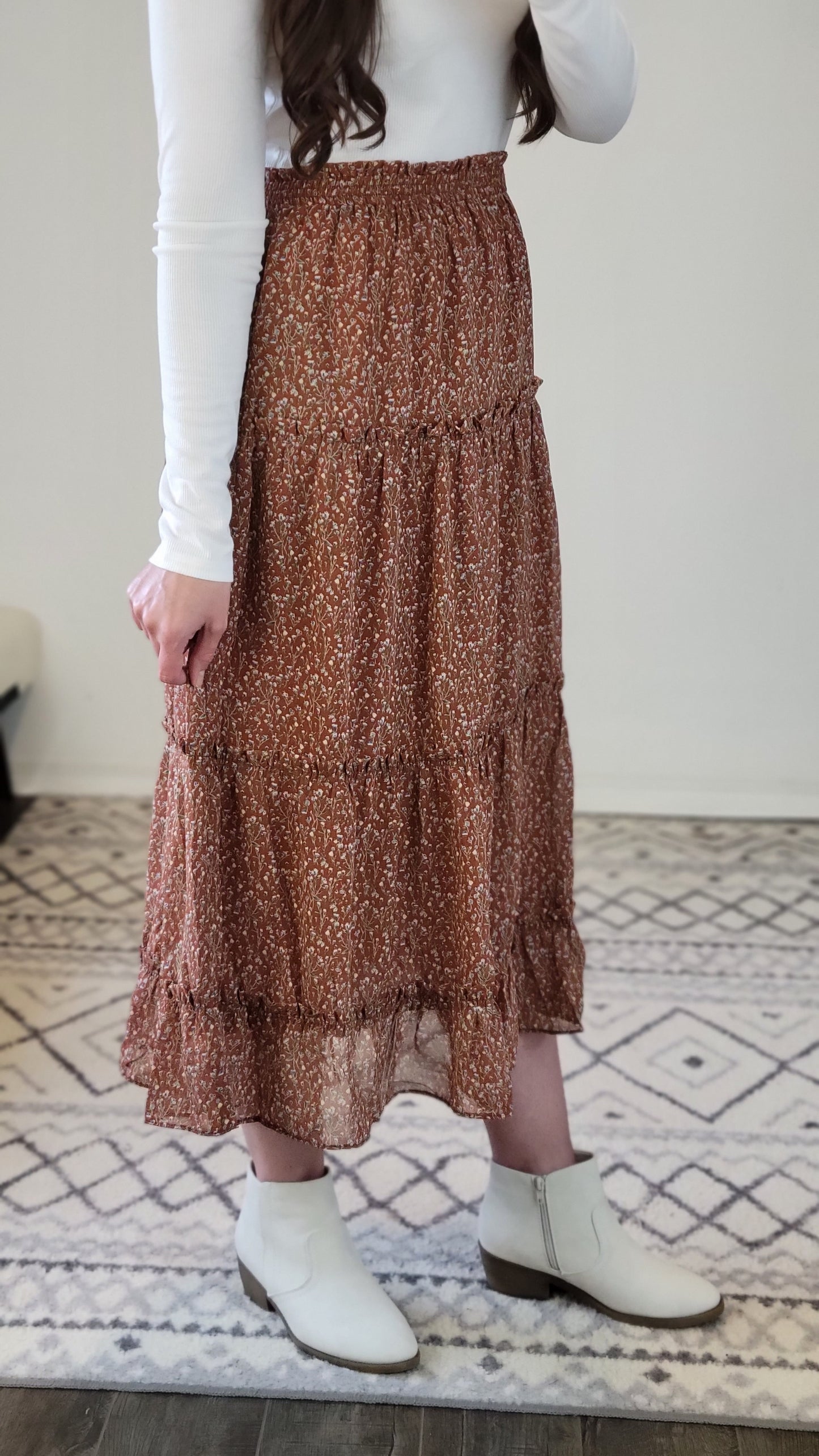 Rust Floral Chenille Layered Long Skirt with Pockets "Rhonda"