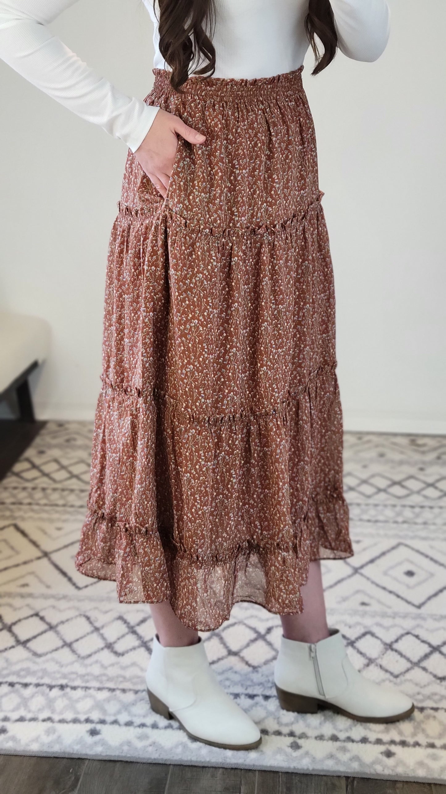 Rust Floral Chenille Layered Long Skirt with Pockets "Rhonda"