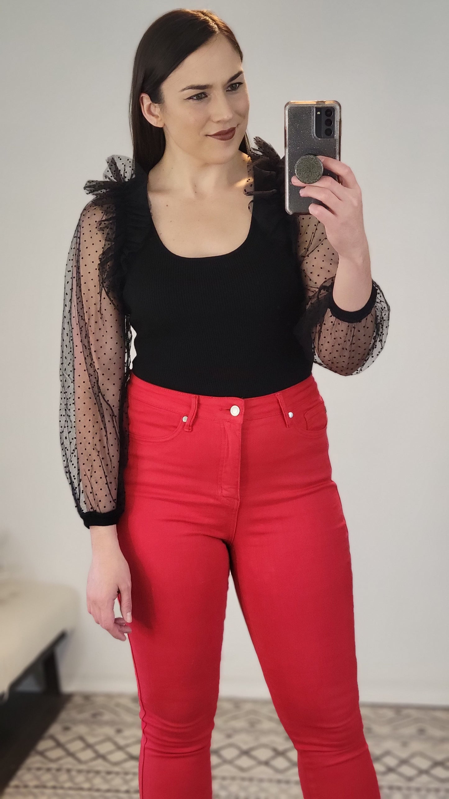 Black Ruffle Mesh Sleeve Top "Donna"