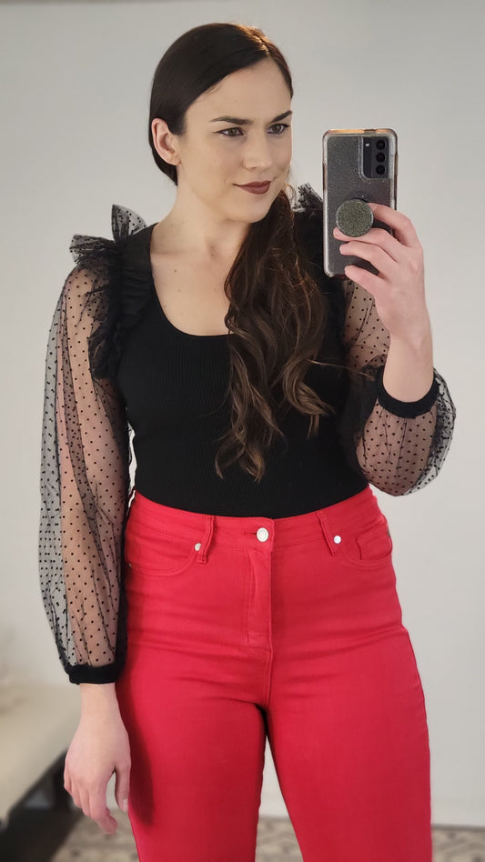 Black Ruffle Mesh Sleeve Top "Donna"