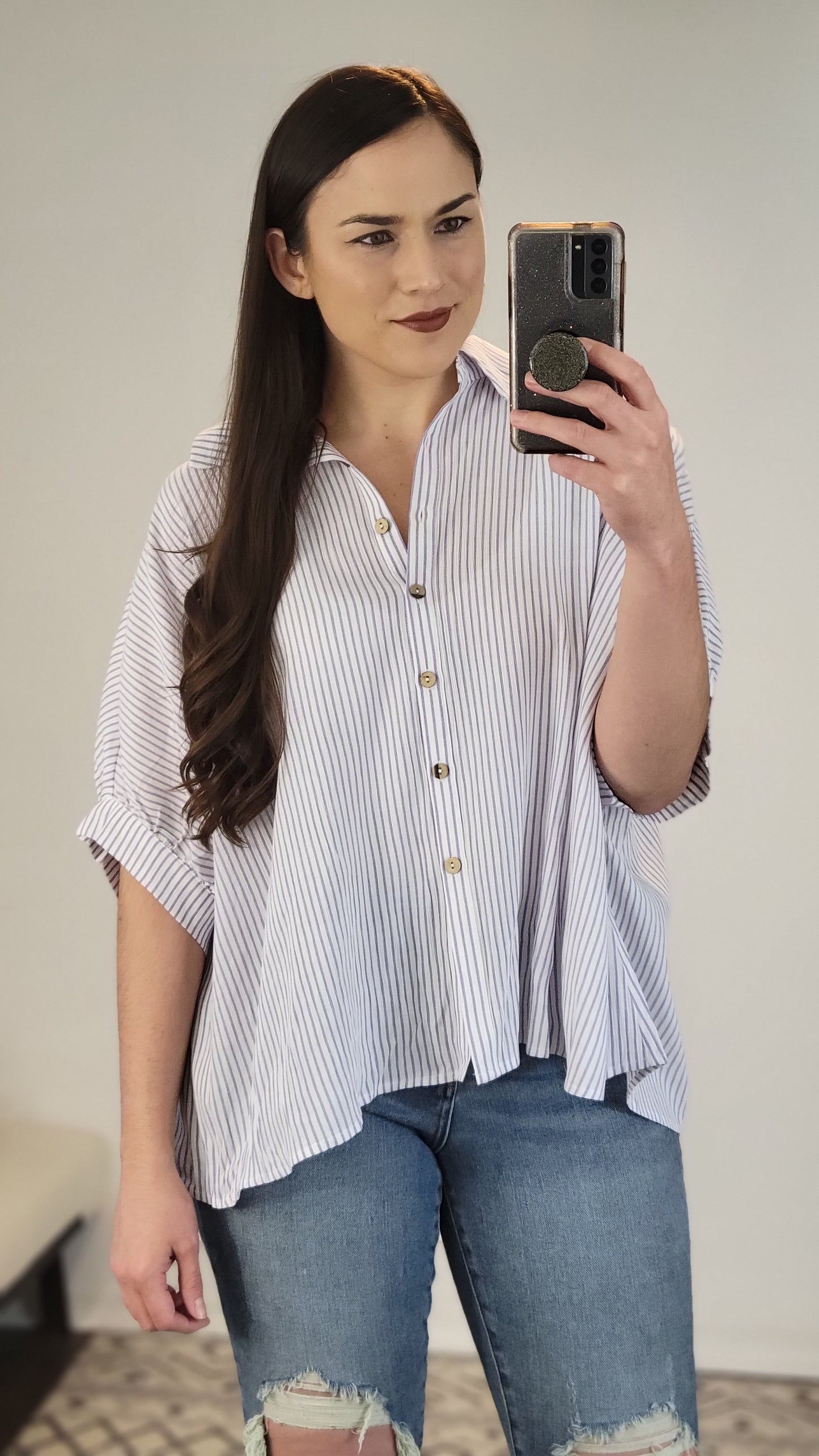 Ivory/Purple Stripe Button Down Top "Kitty"