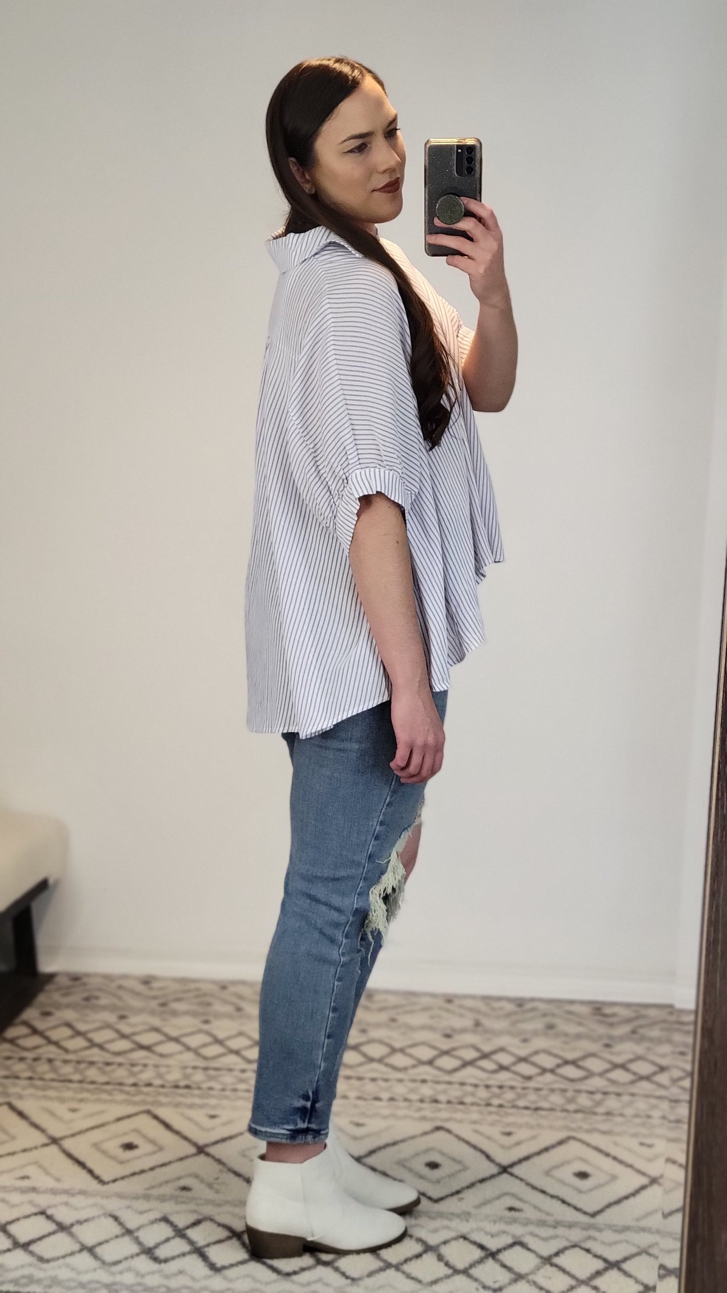 Ivory/Purple Stripe Button Down Top "Kitty"