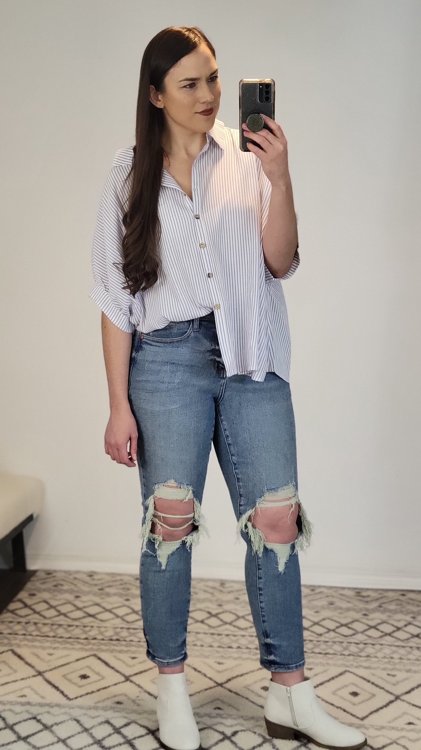 Ivory/Purple Stripe Button Down Top "Kitty"
