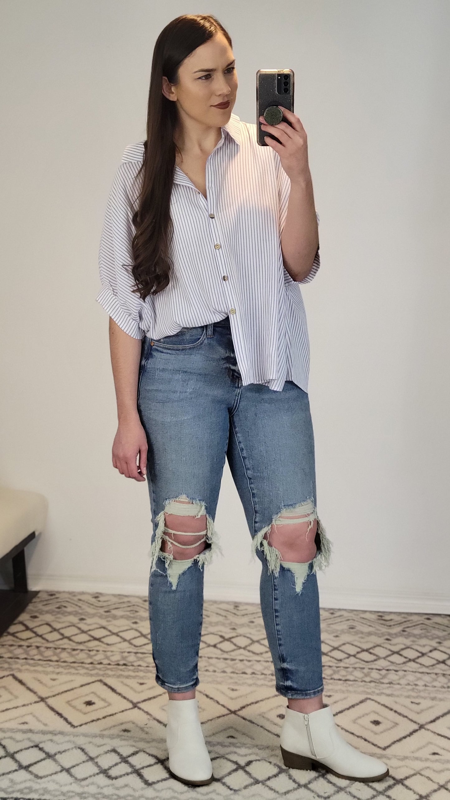 Ivory/Purple Stripe Button Down Top "Kitty"