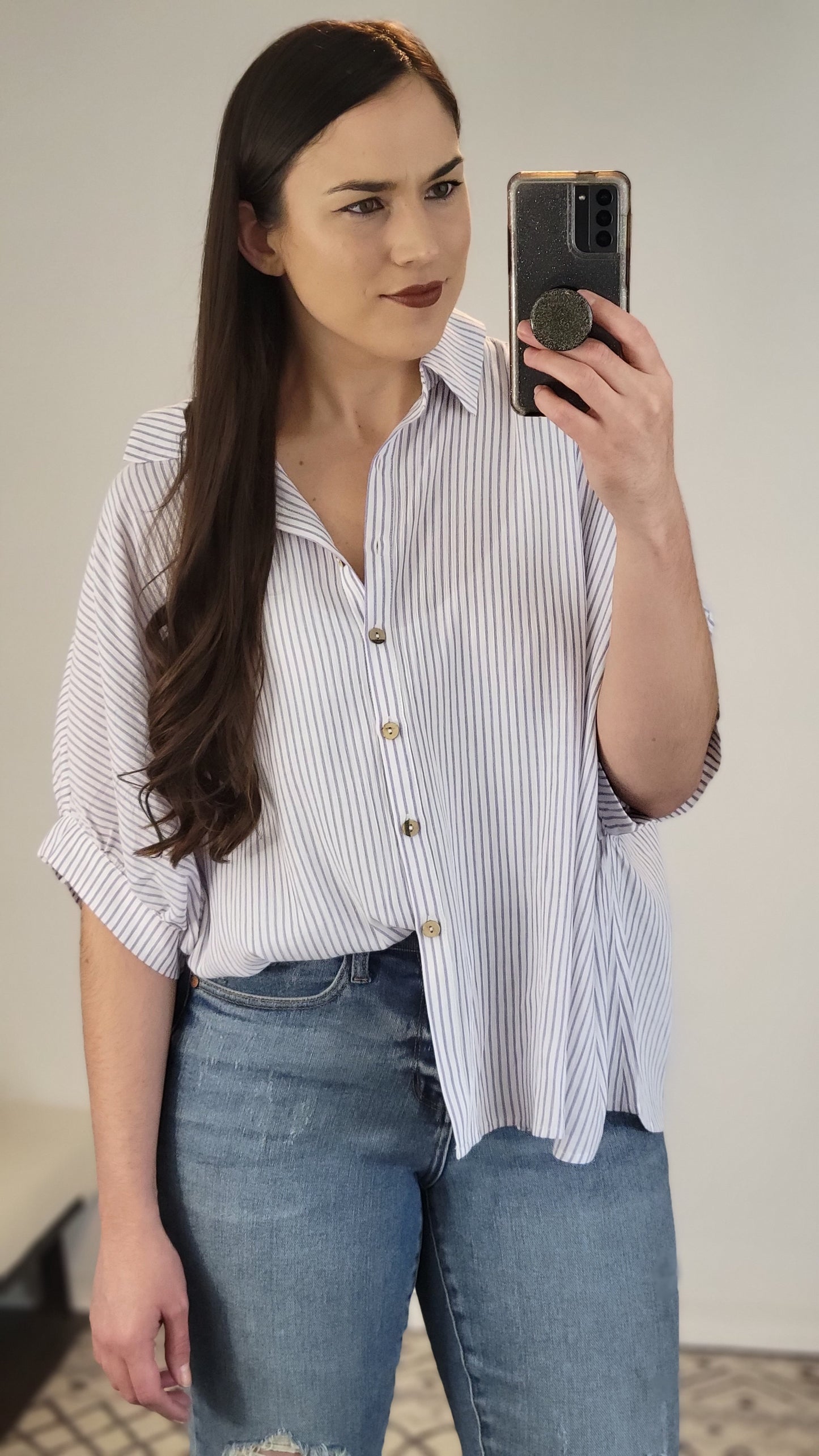 Ivory/Purple Stripe Button Down Top "Kitty"