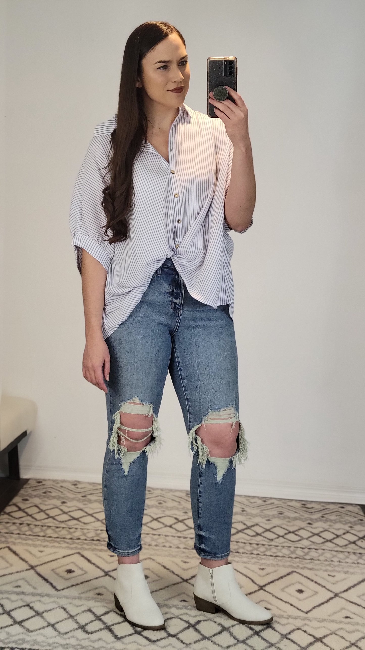 Ivory/Purple Stripe Button Down Top "Kitty"