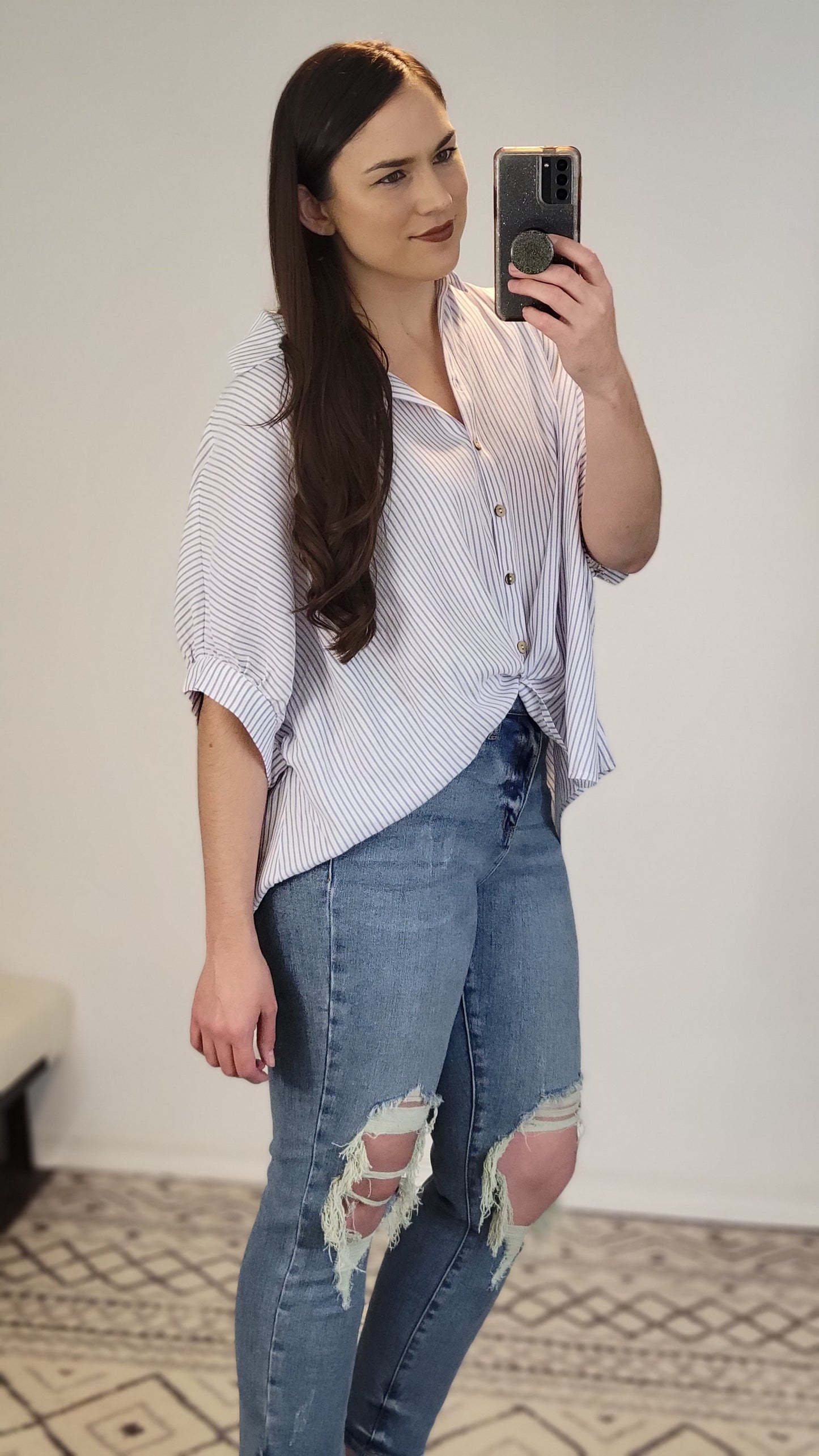 Ivory/Purple Stripe Button Down Top "Kitty"