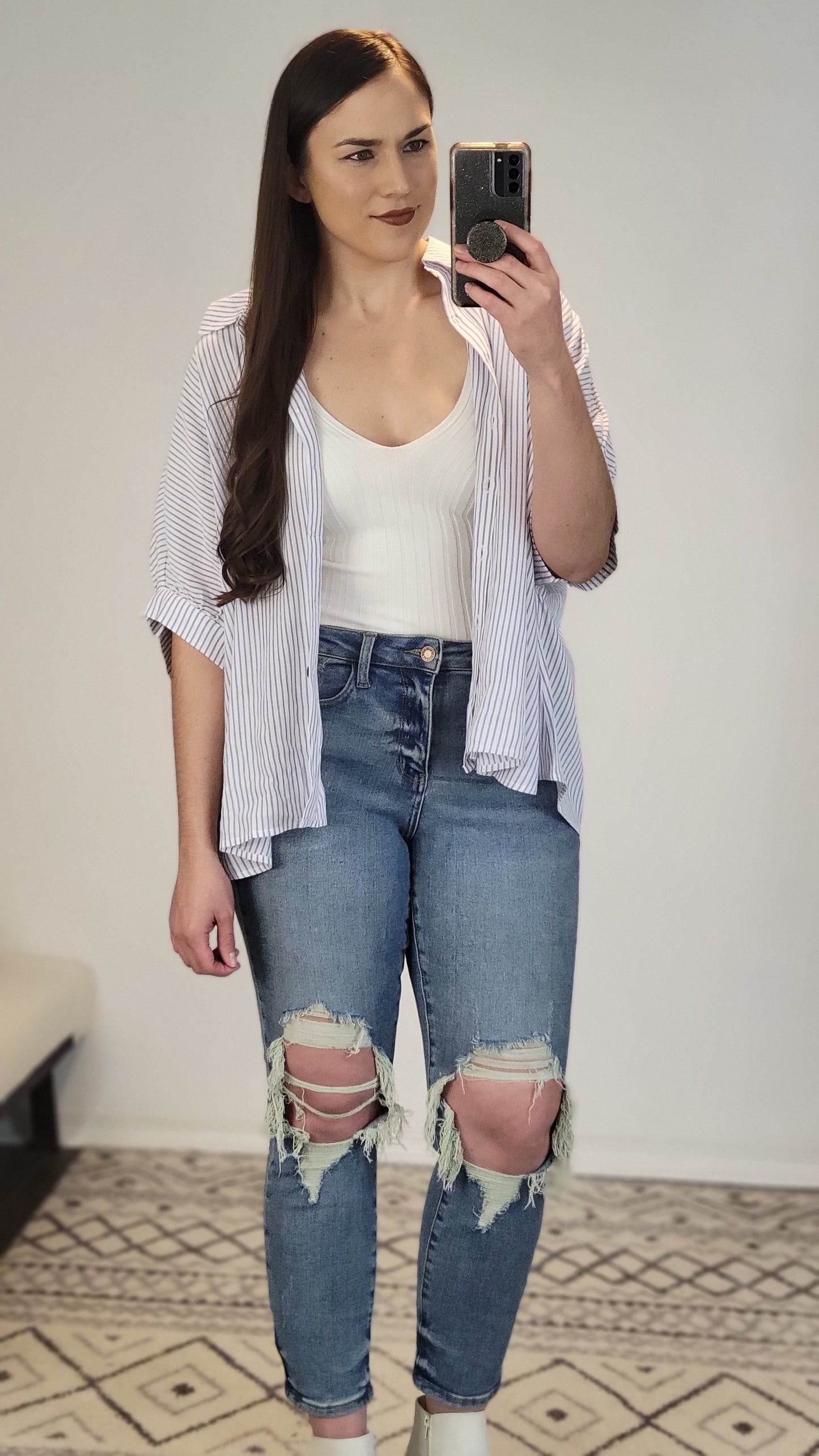 Ivory/Purple Stripe Button Down Top "Kitty"