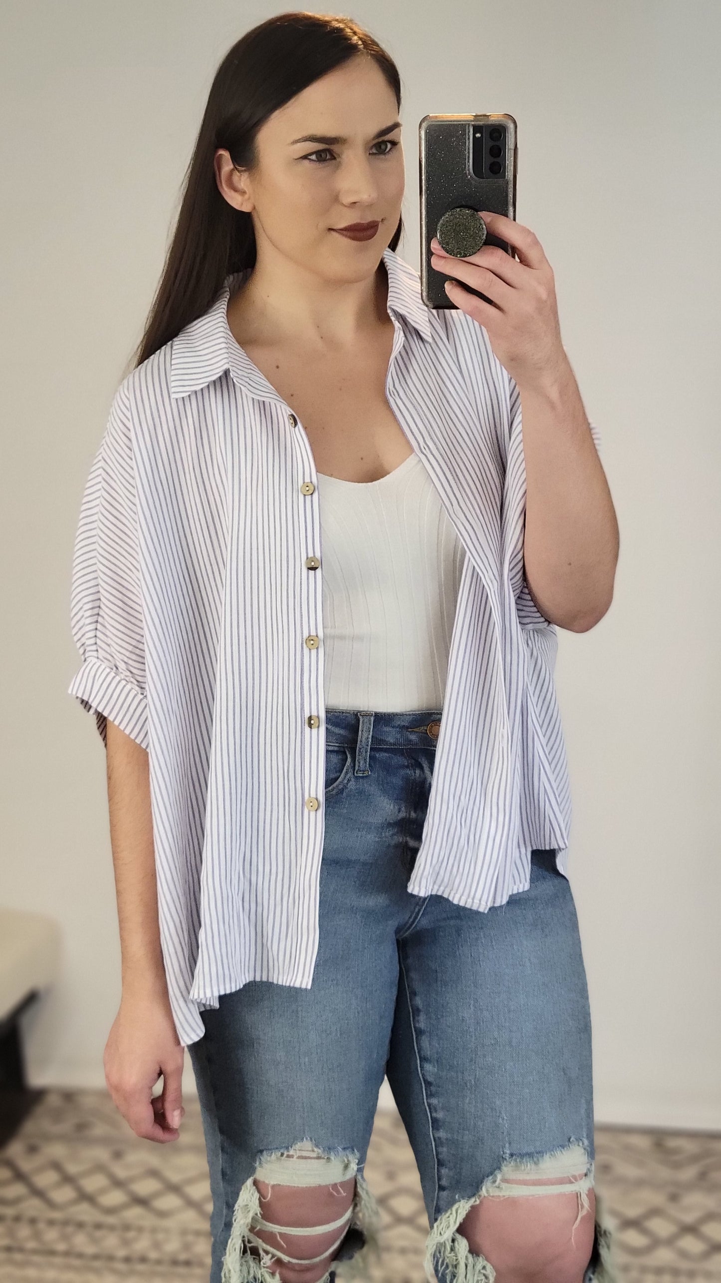 Ivory/Purple Stripe Button Down Top "Kitty"