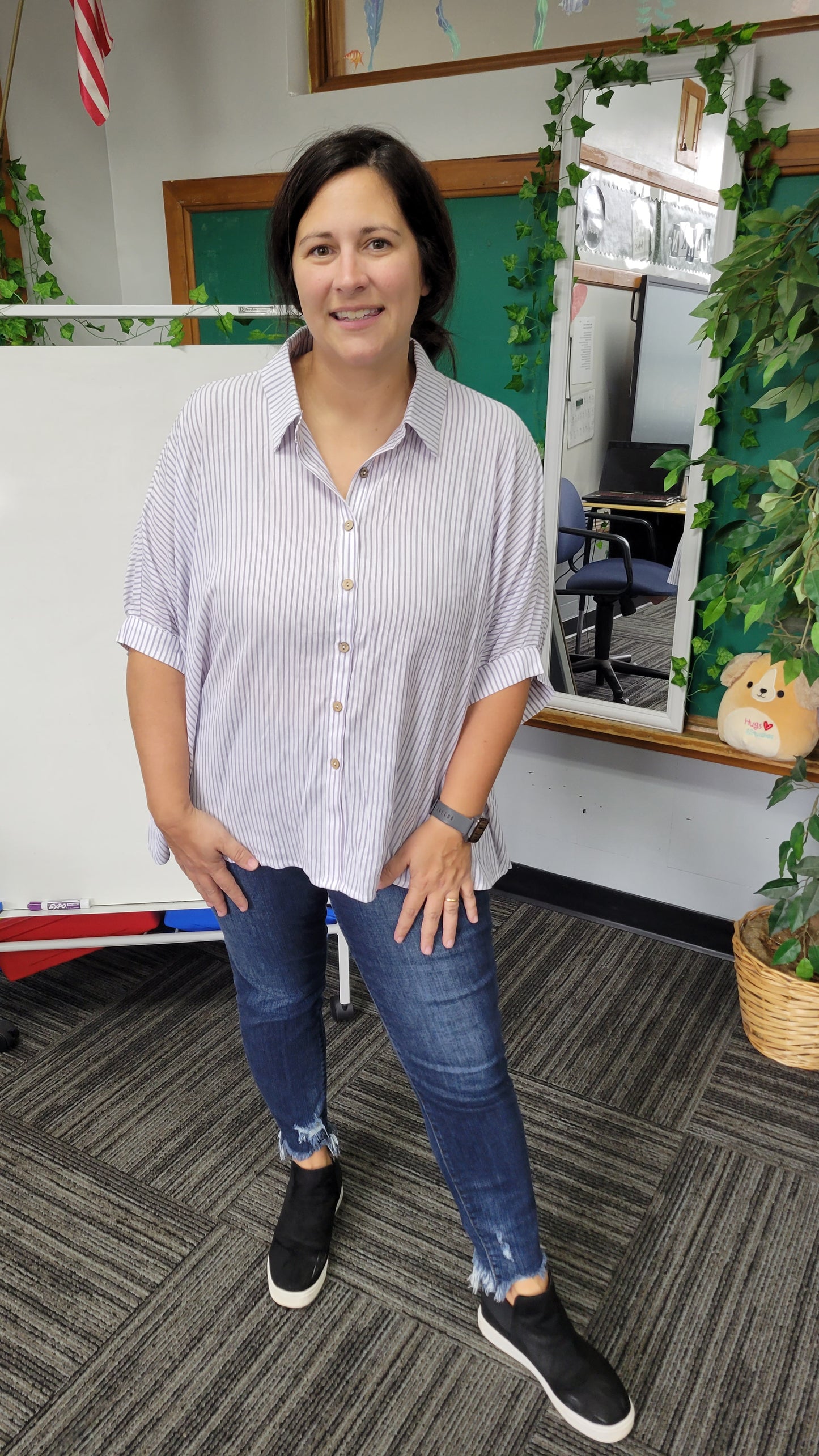 Ivory/Purple Stripe Button Down Top "Kitty"