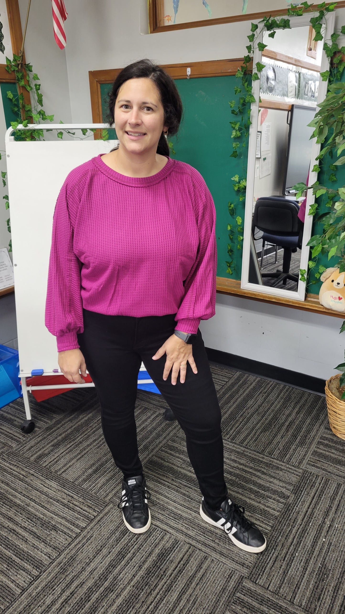 Magenta Waffle Relaxed Long Sleeve Top "Sookie"