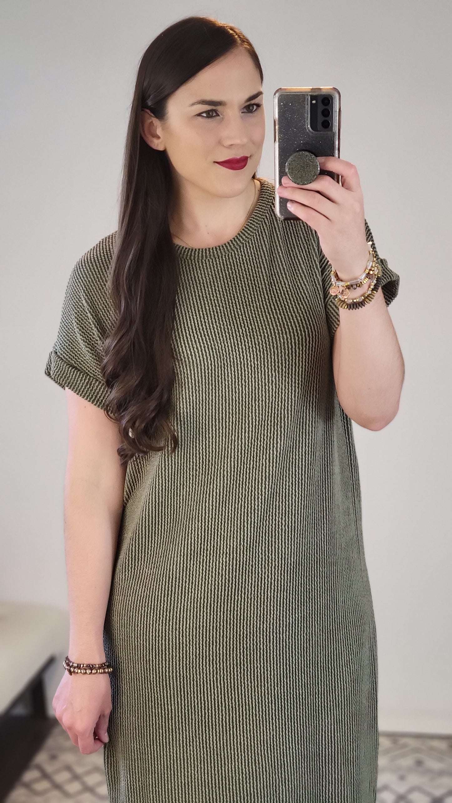 Olive Ribbed Textured Dress "Gil"