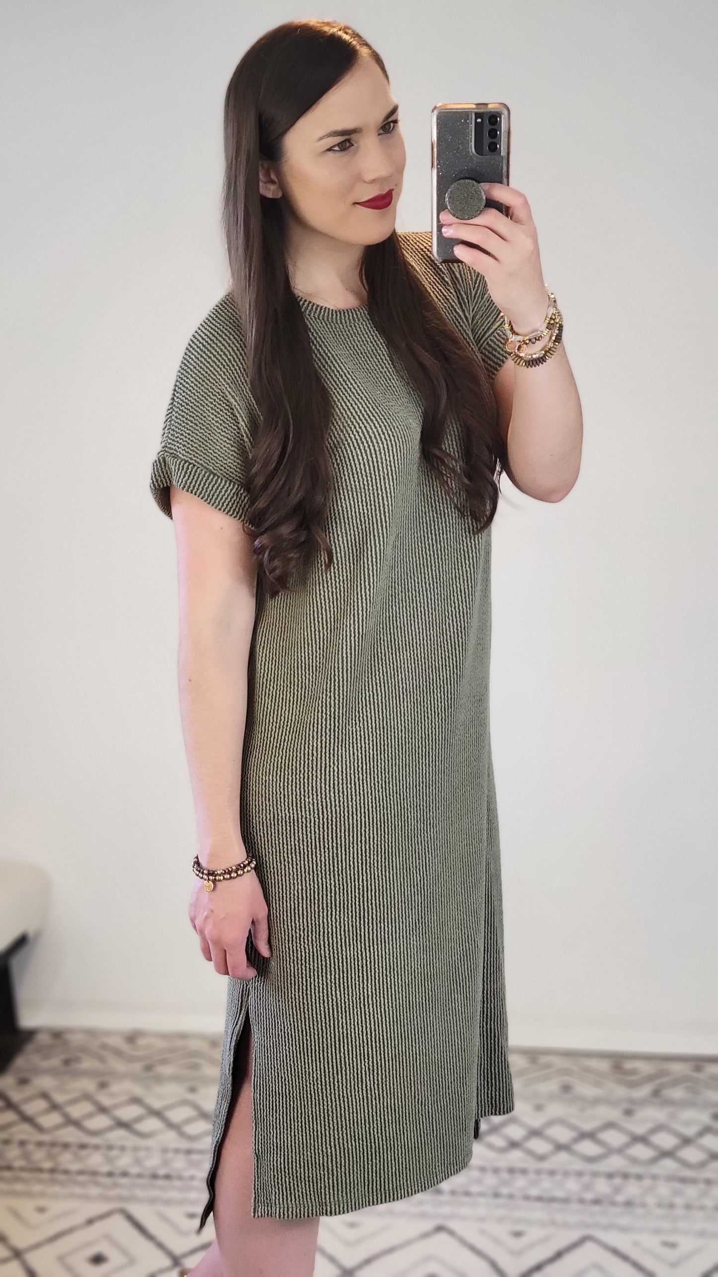 Olive Ribbed Textured Dress "Gil"