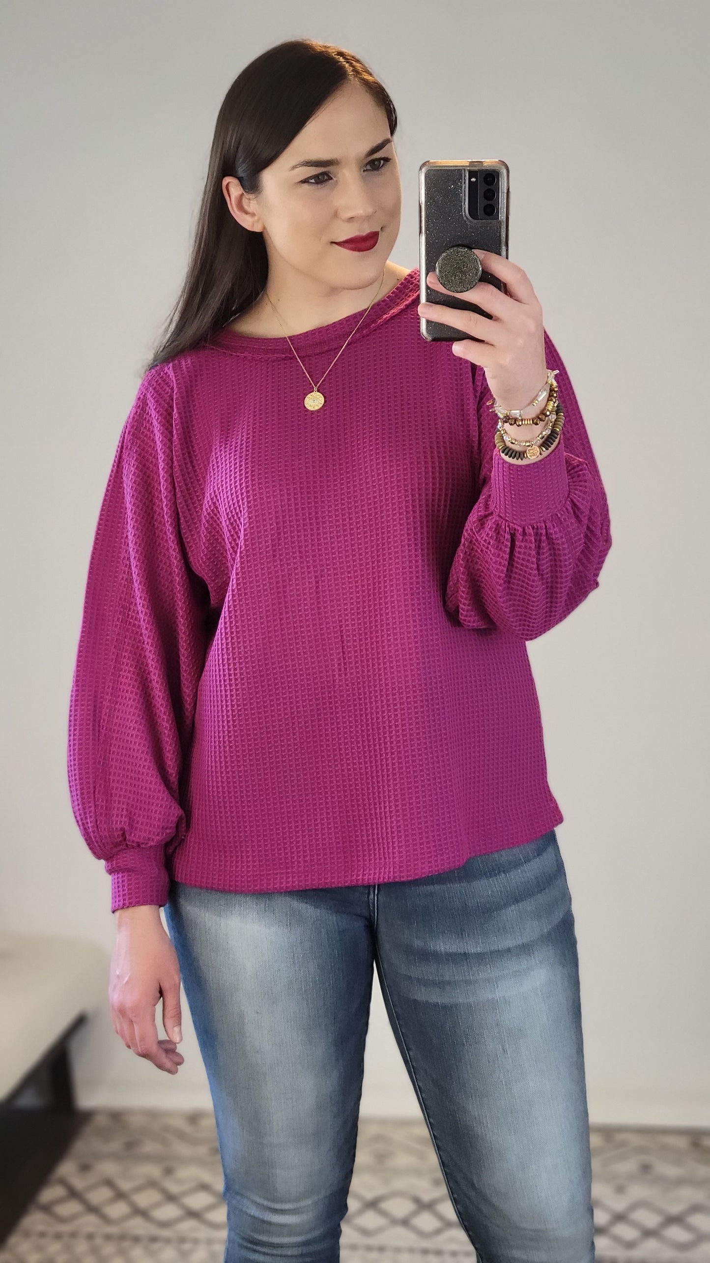 Magenta Waffle Relaxed Long Sleeve Top "Sookie"