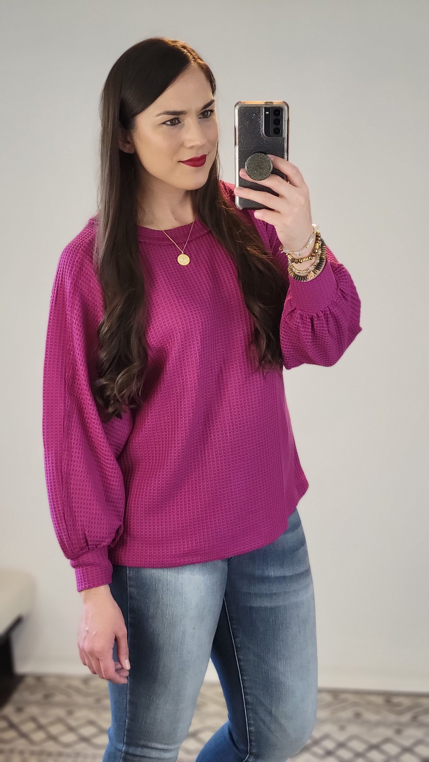Magenta Waffle Relaxed Long Sleeve Top "Sookie"