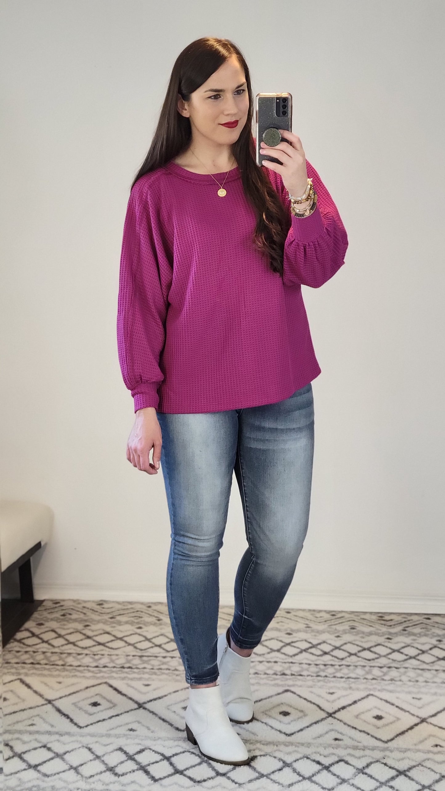 Magenta Waffle Relaxed Long Sleeve Top "Sookie"