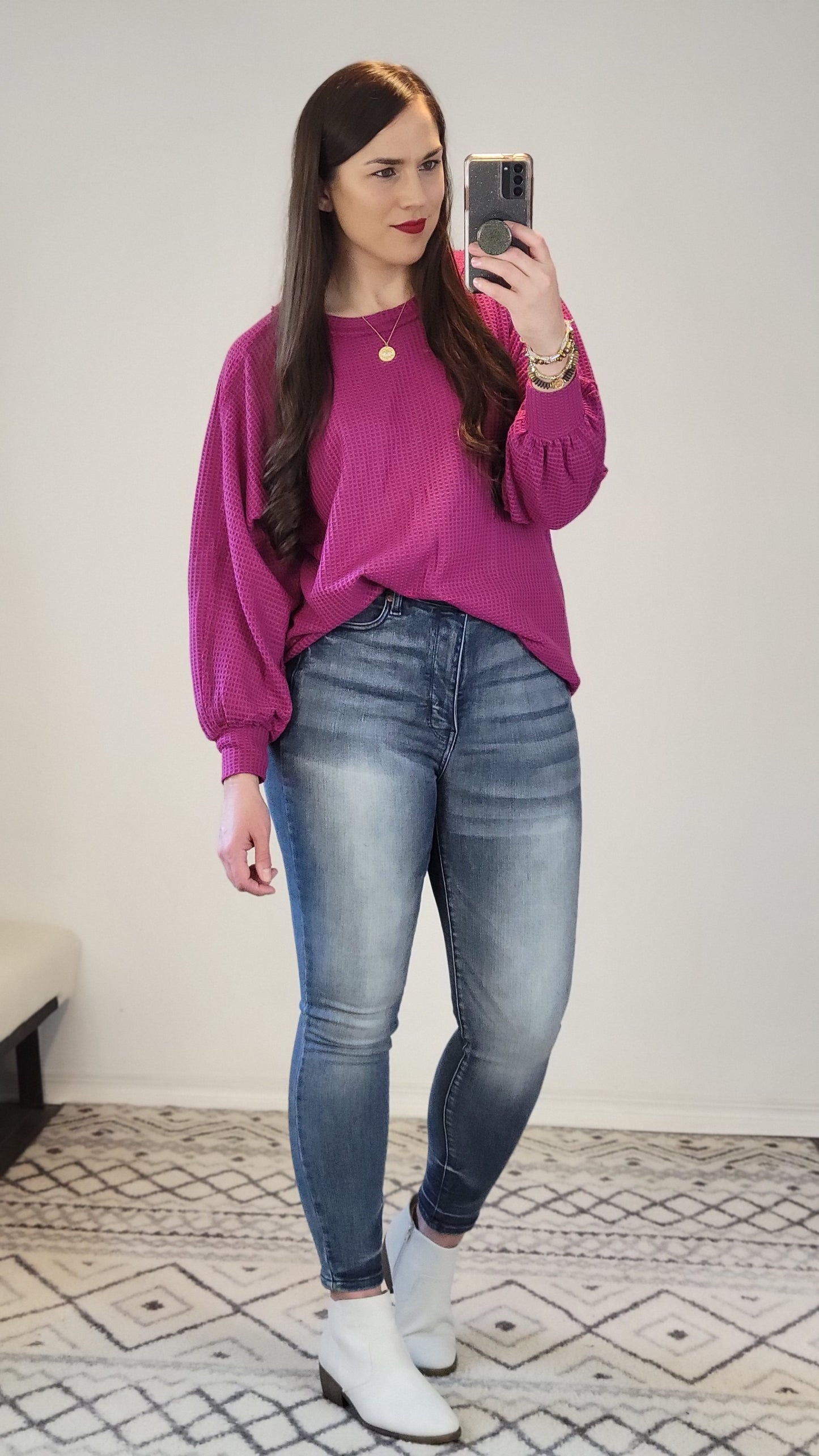 Magenta Waffle Relaxed Long Sleeve Top "Sookie"