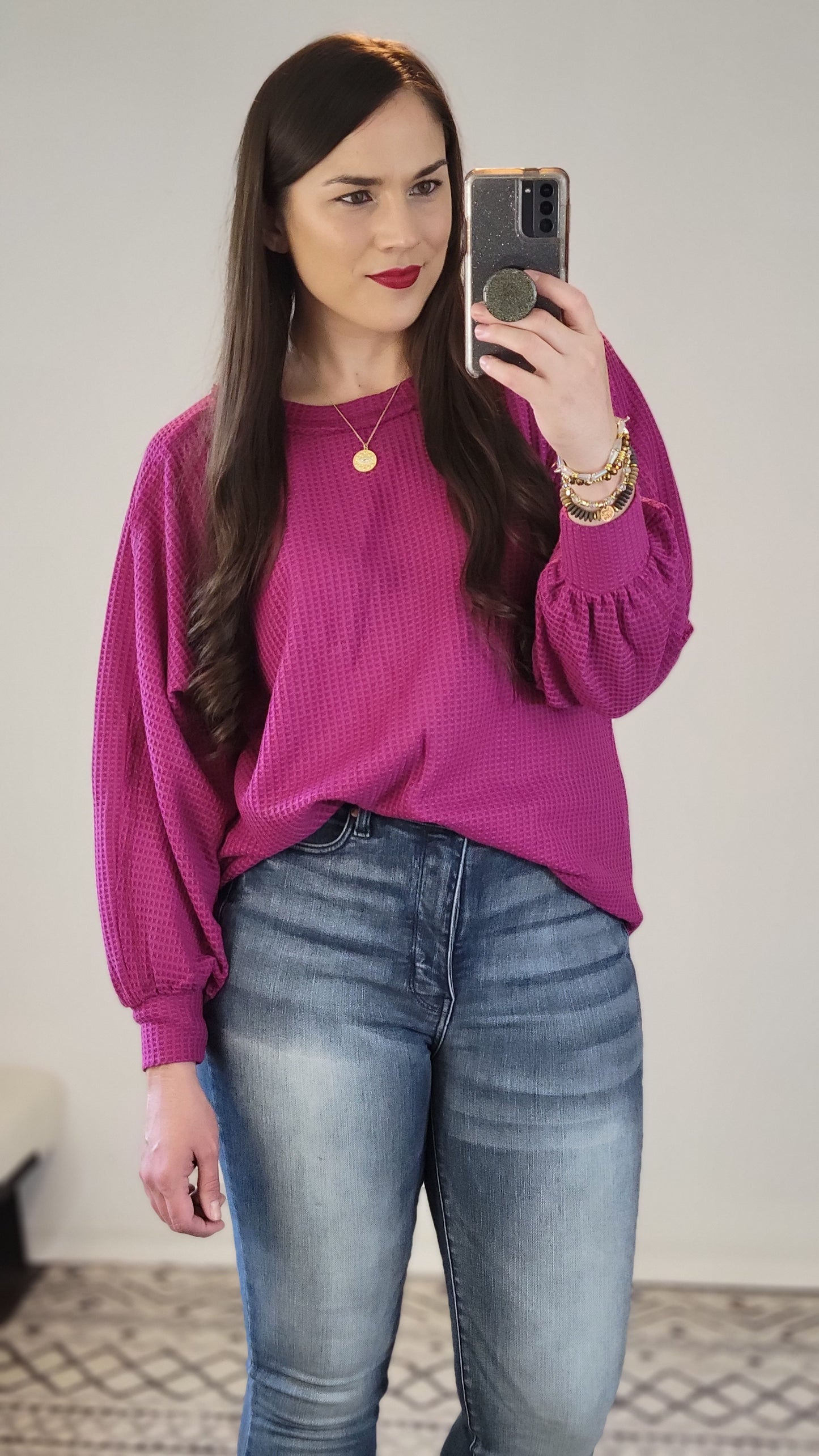 Magenta Waffle Relaxed Long Sleeve Top "Sookie"