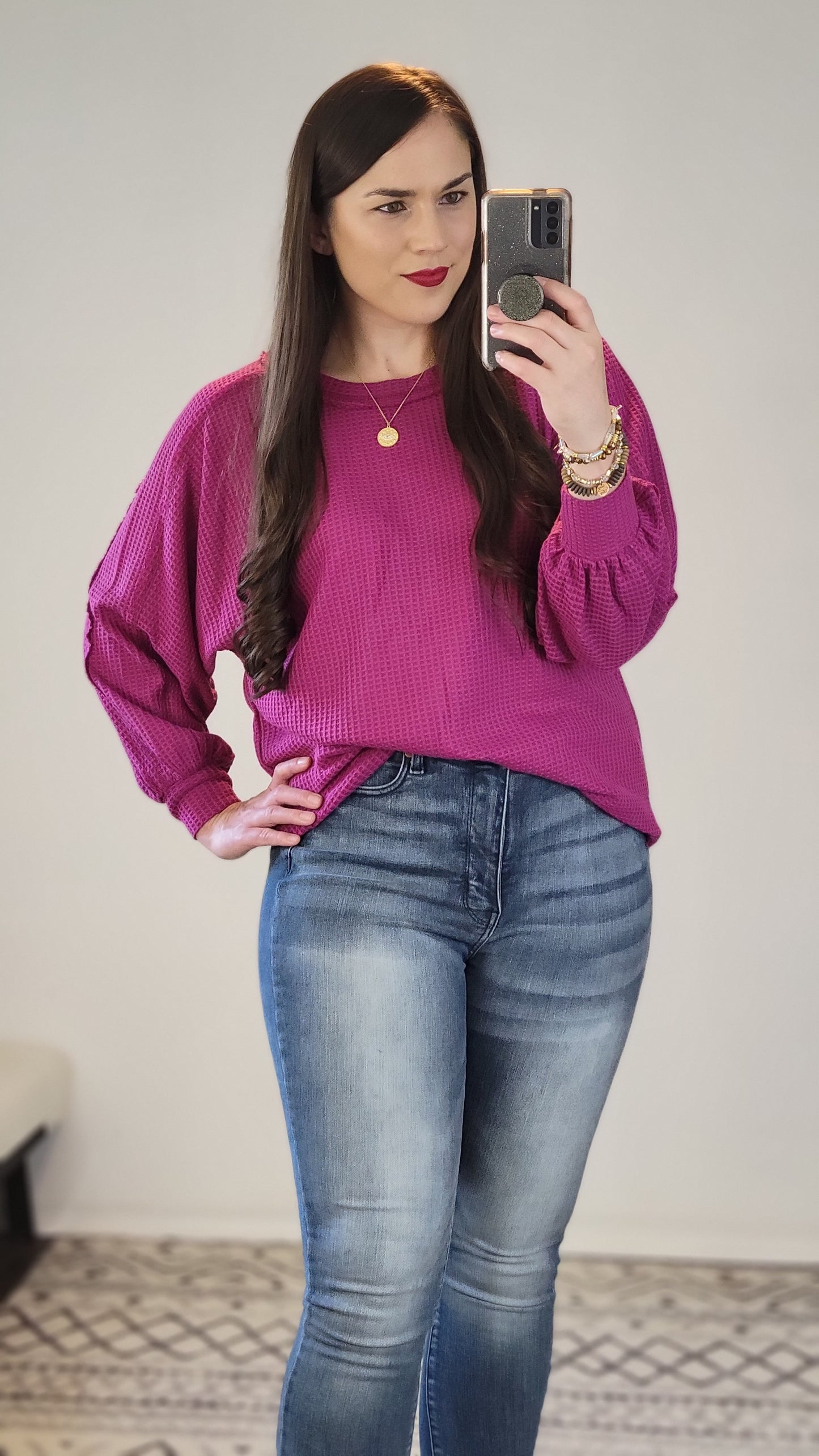 Magenta Waffle Relaxed Long Sleeve Top "Sookie"