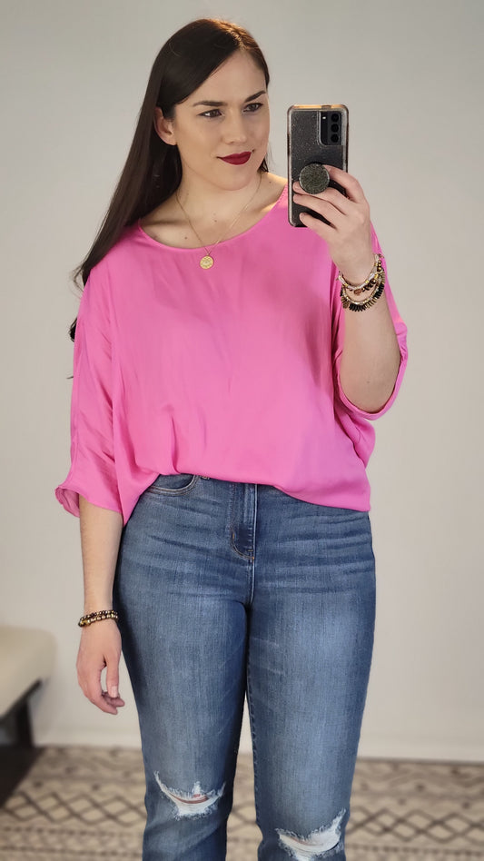Bubble Gum Pink ¾ Sleeve Dolman Top "Lorelai" (L)