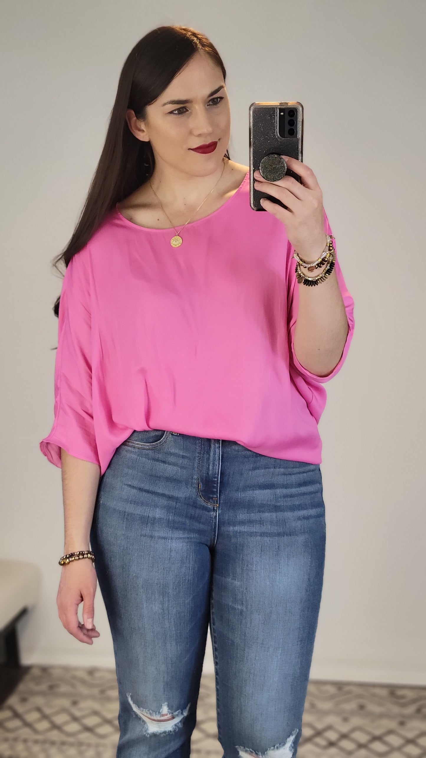 Bubble Gum Pink ¾ Sleeve Dolman Top "Lorelai" (L)