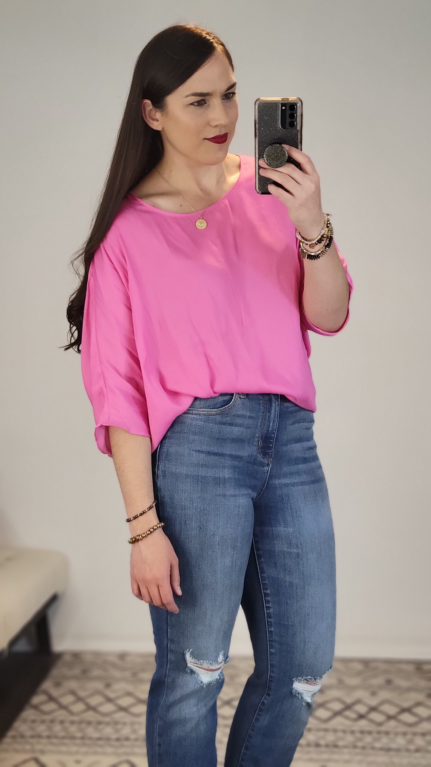 Bubble Gum Pink ¾ Sleeve Dolman Top "Lorelai" (L)