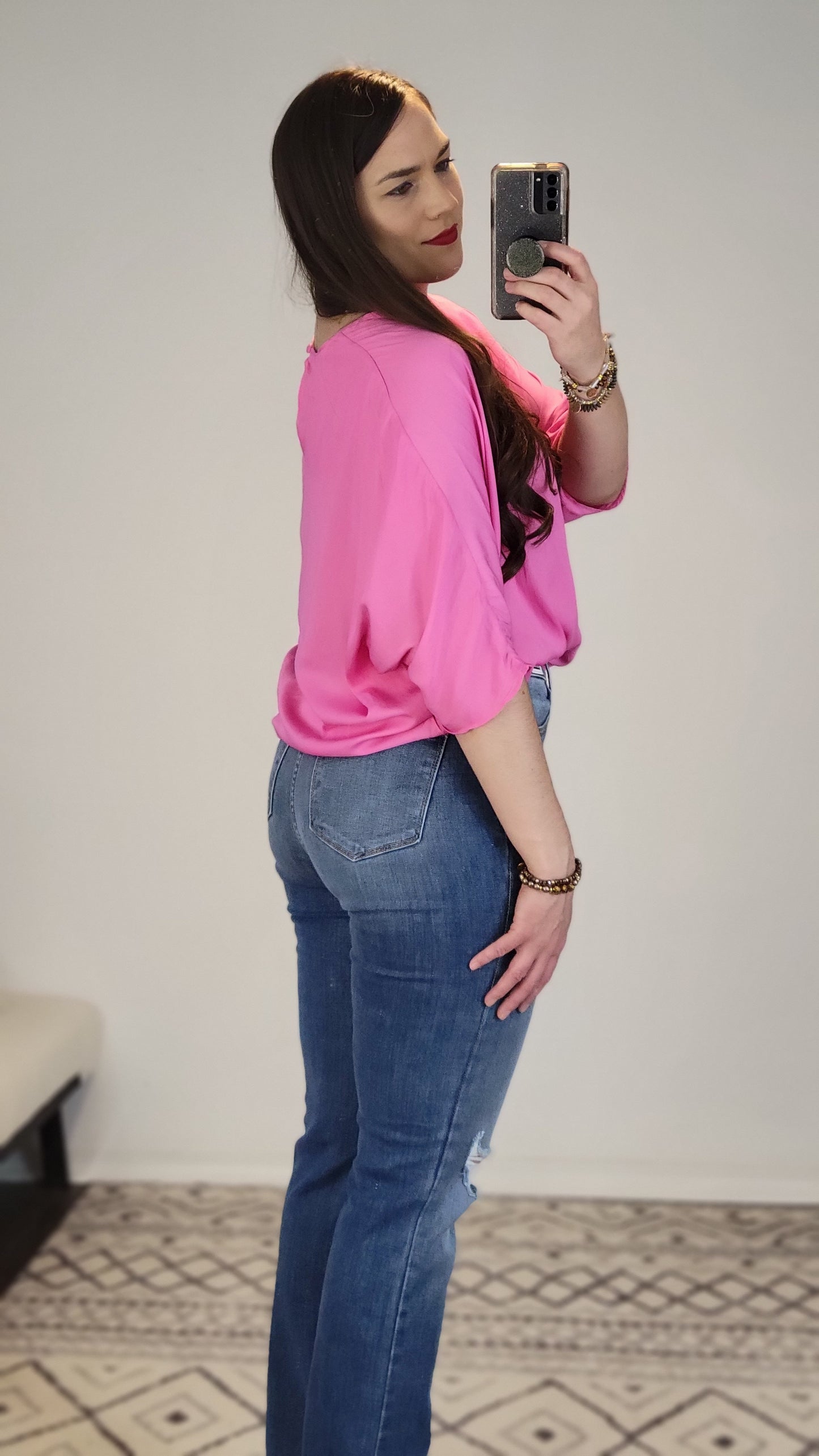 Bubble Gum Pink ¾ Sleeve Dolman Top "Lorelai" (L)